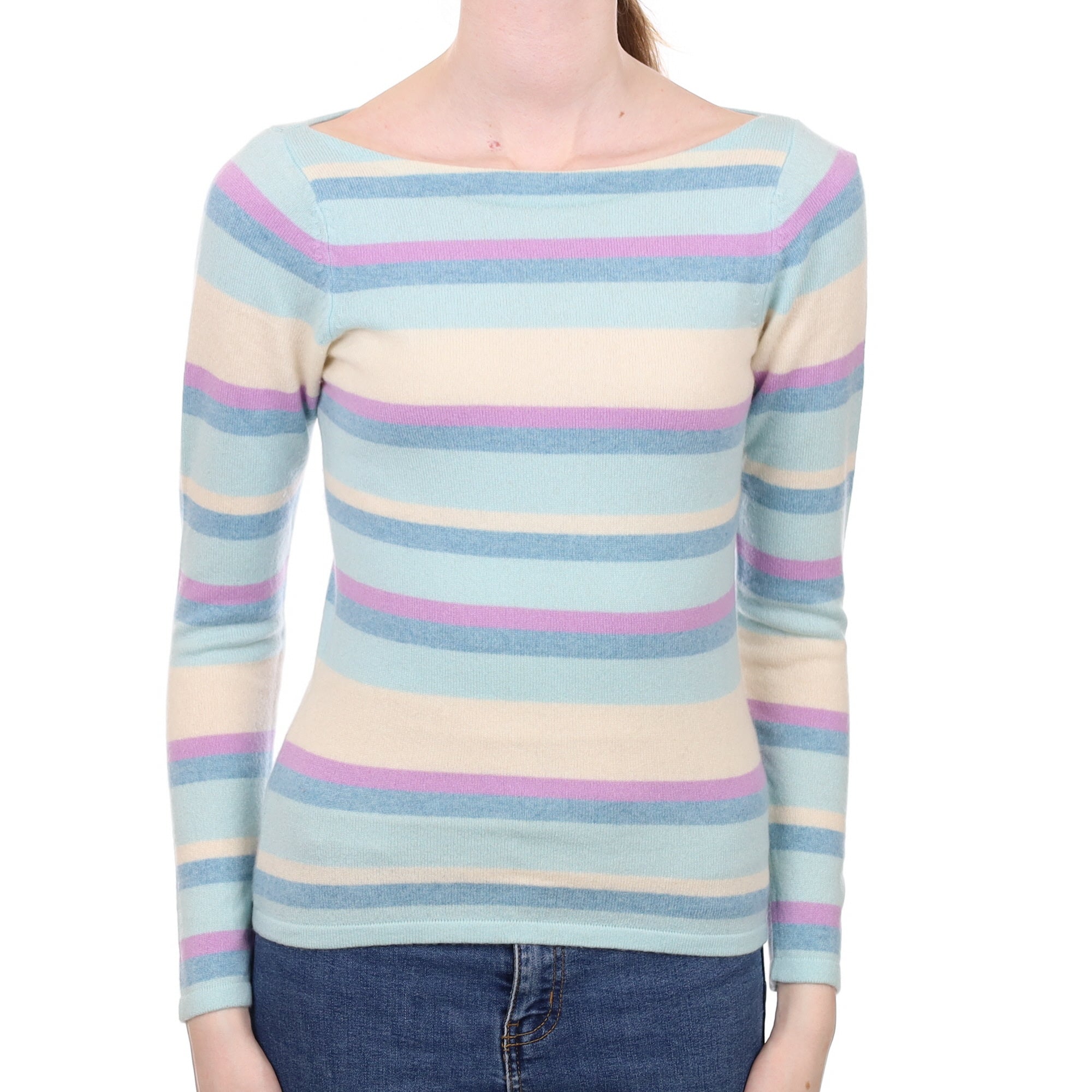 Opal Blue Striped Cashmere Boat Neck Jumper Extra Small