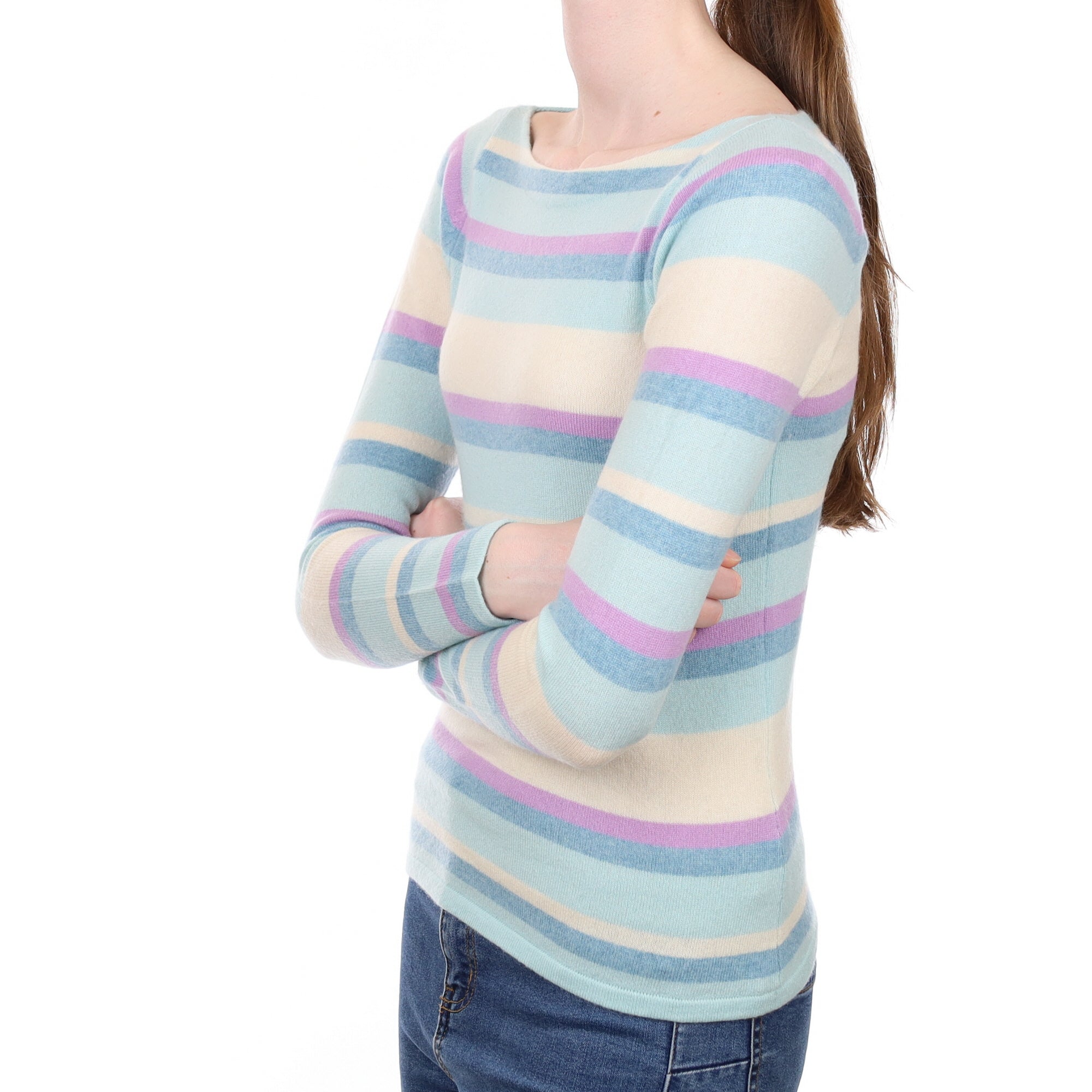 Opal Blue Striped Cashmere Boat Neck Jumper Extra Small