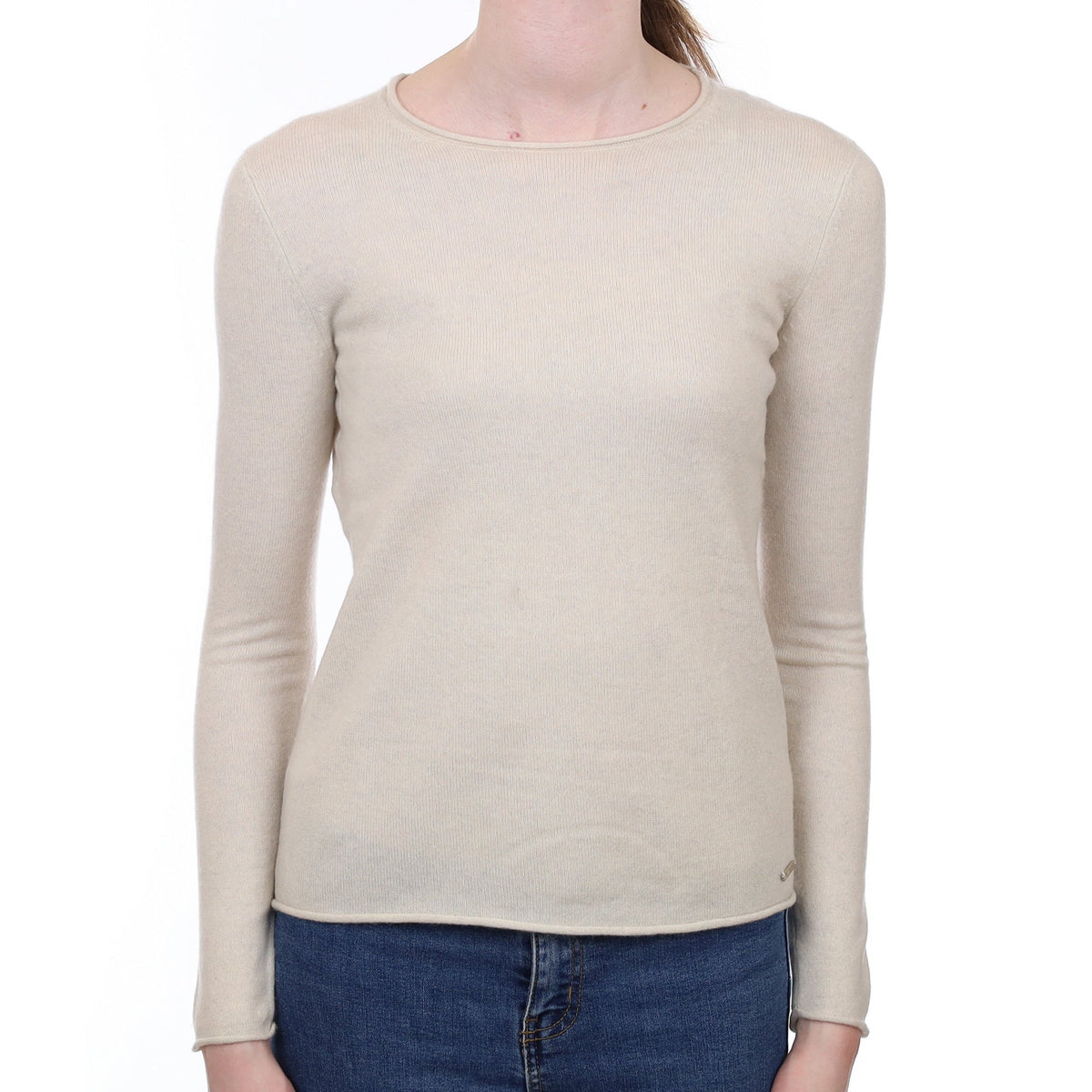 Vanilla Cream Cashmere Crew Neck Jumper With Rolled Edges Extra Small