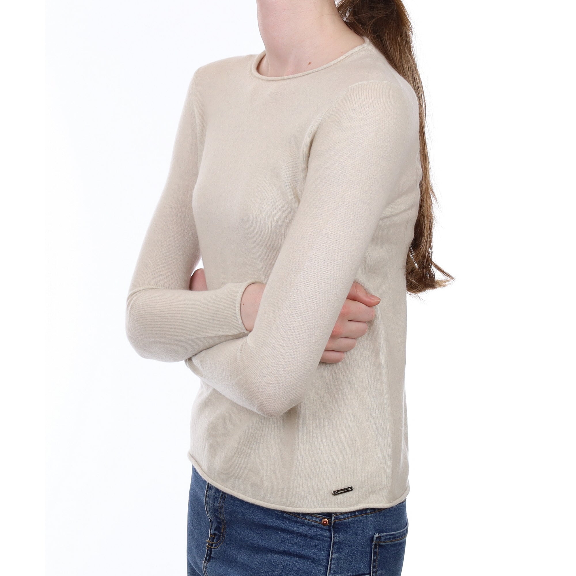Vanilla Cream Cashmere Crew Neck Jumper With Rolled Edges Extra Small