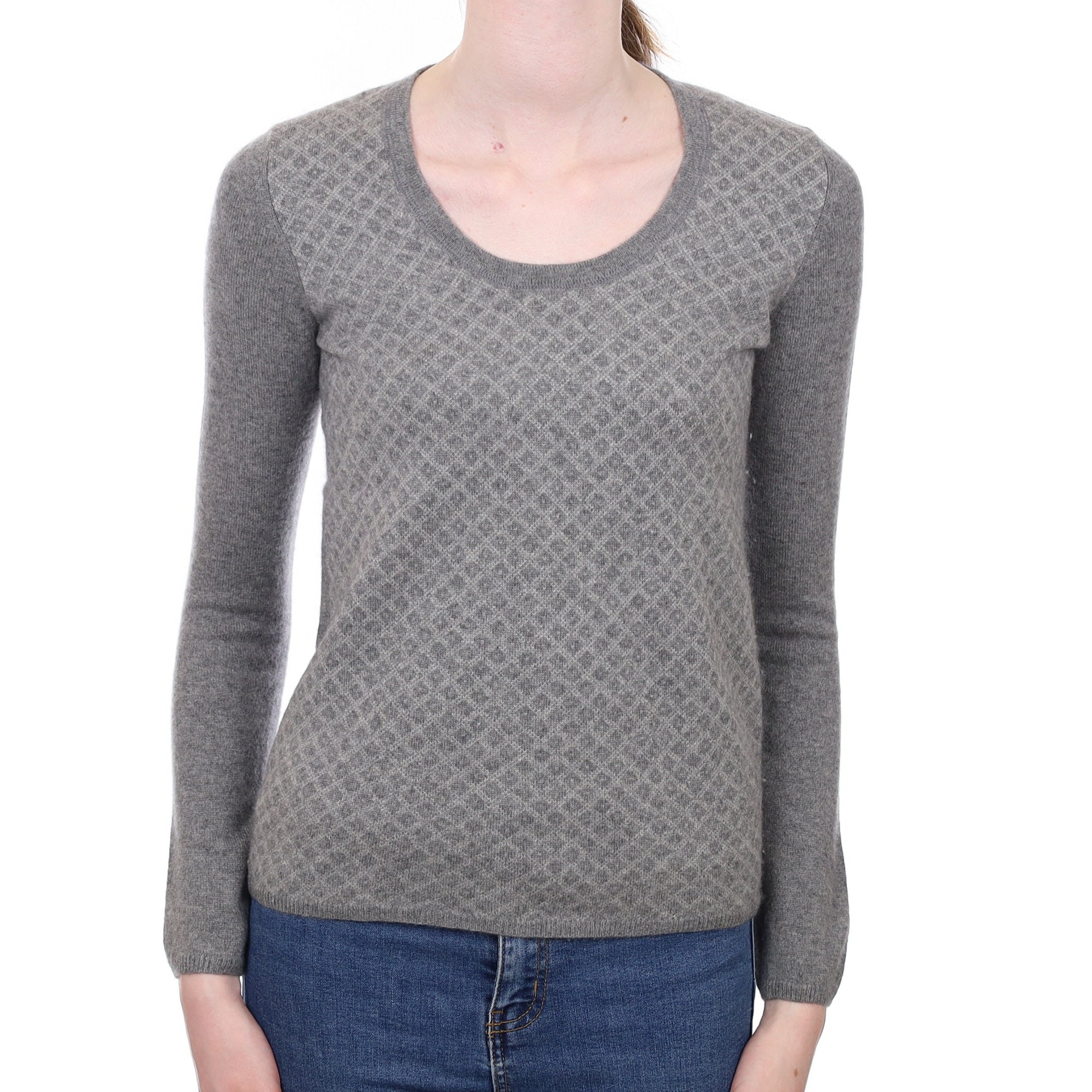 Ash Grey Patterned Cashmere Scoop Neck Jumper Extra Small
