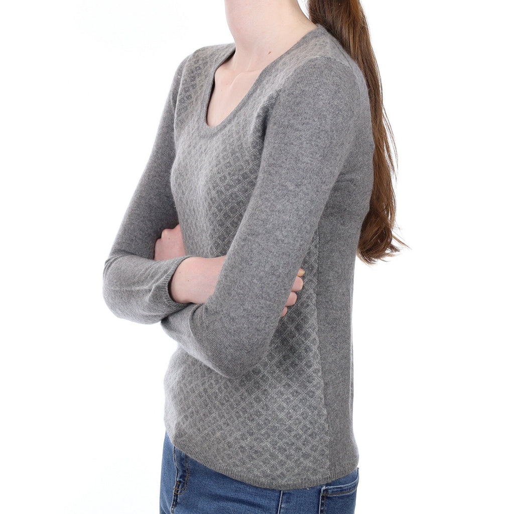 Ash Grey Patterned Cashmere Scoop Neck Jumper Extra Small