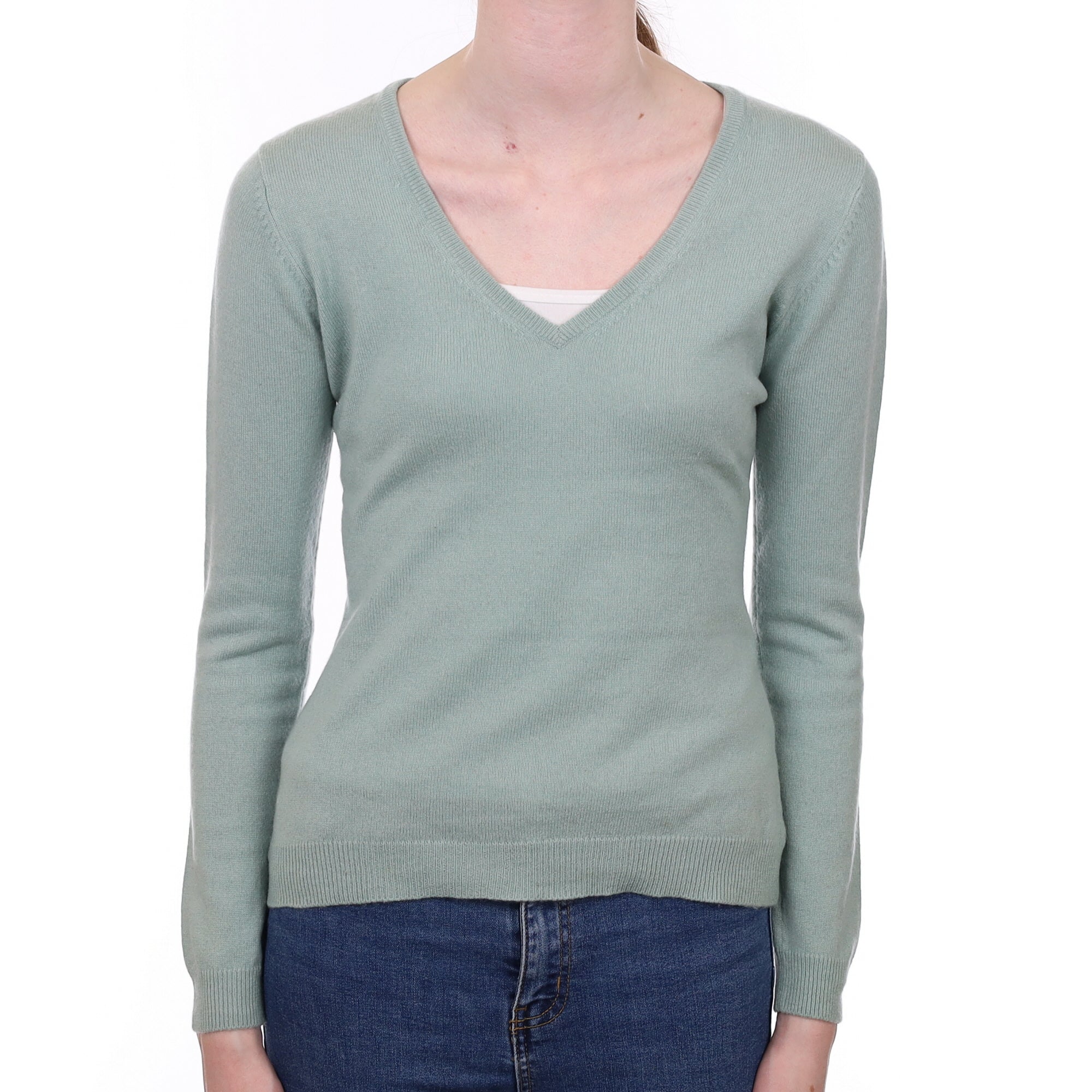 Duck Egg Green Cashmere V Neck Jumper Extra Small