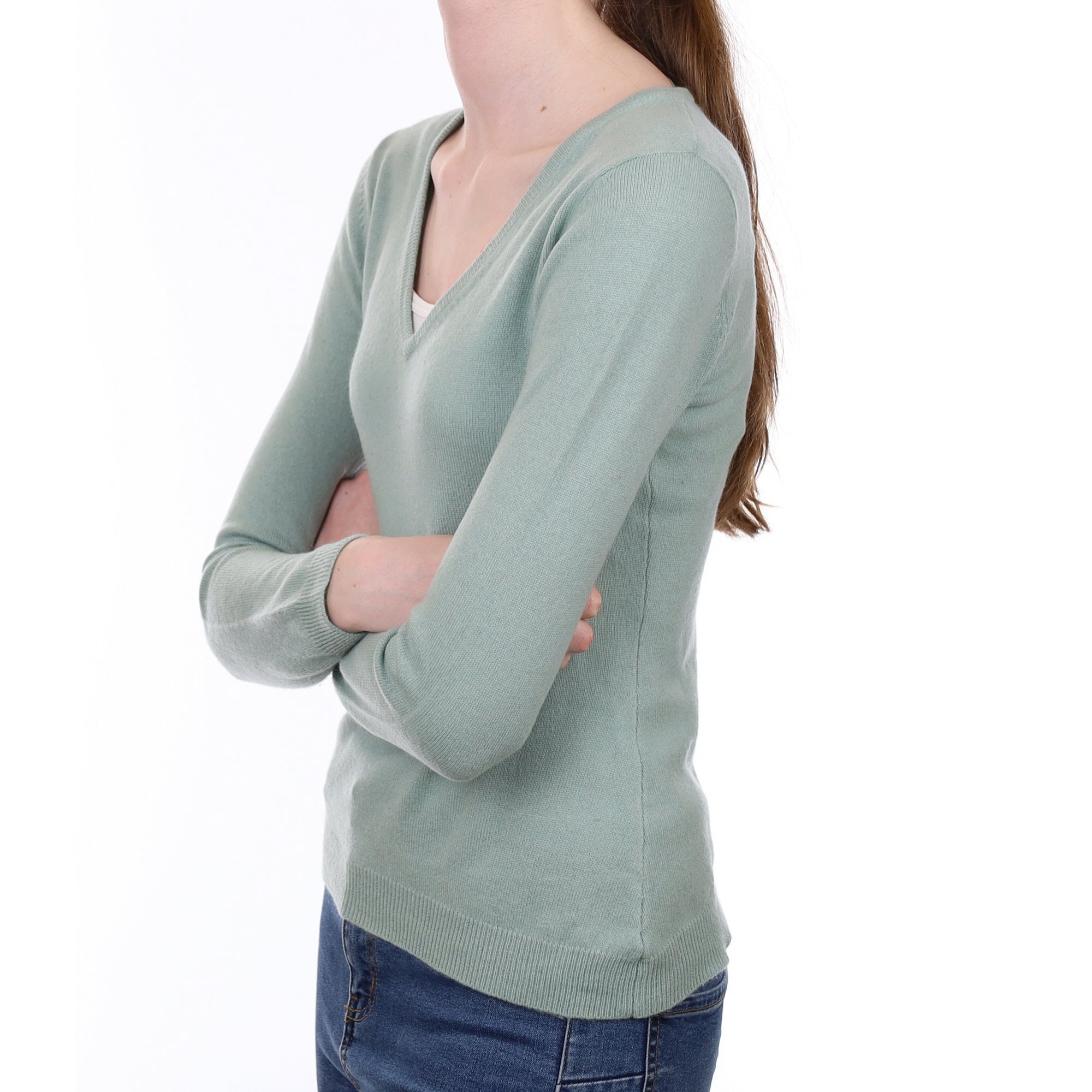 Duck Egg Green Cashmere V Neck Jumper Extra Small