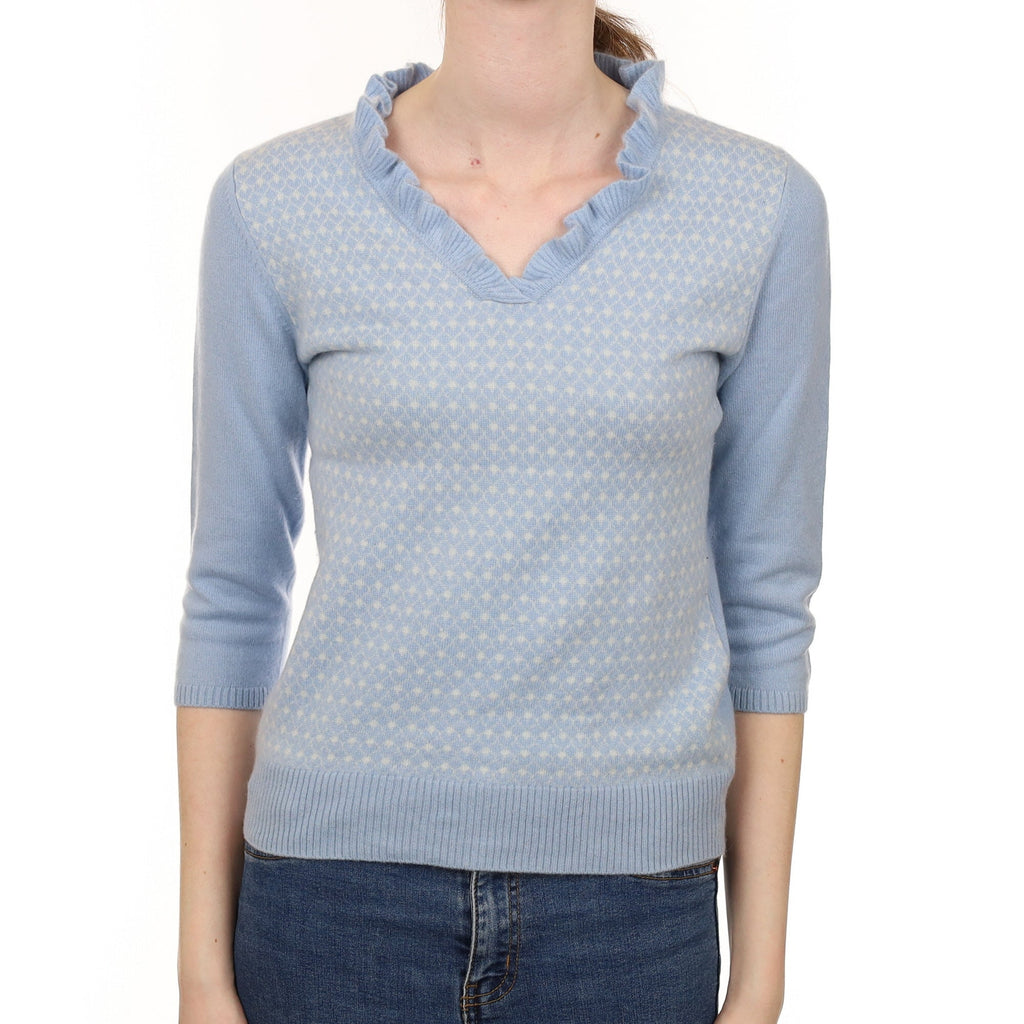 Sky Blue Patterned Cashmere V Neck Jumper Extra Small