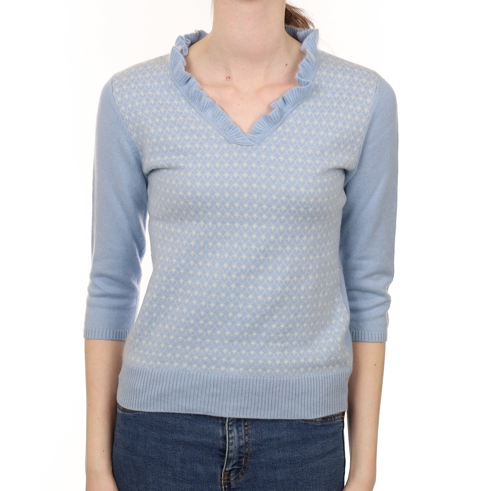 Sky Blue Patterned Cashmere V Neck Jumper Extra Small