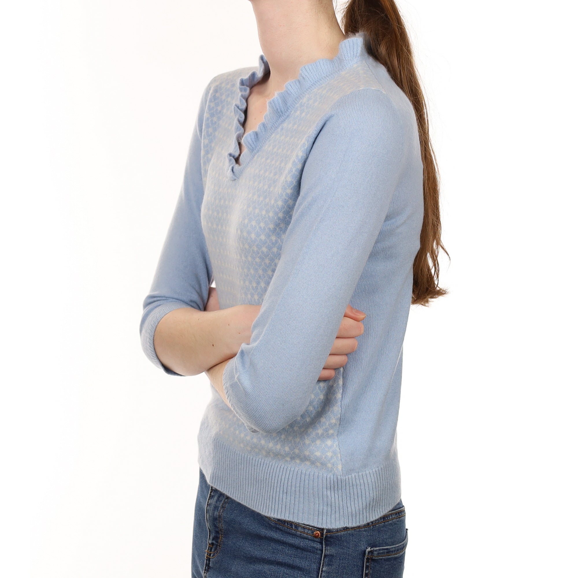 Sky Blue Patterned Cashmere V Neck Jumper Extra Small