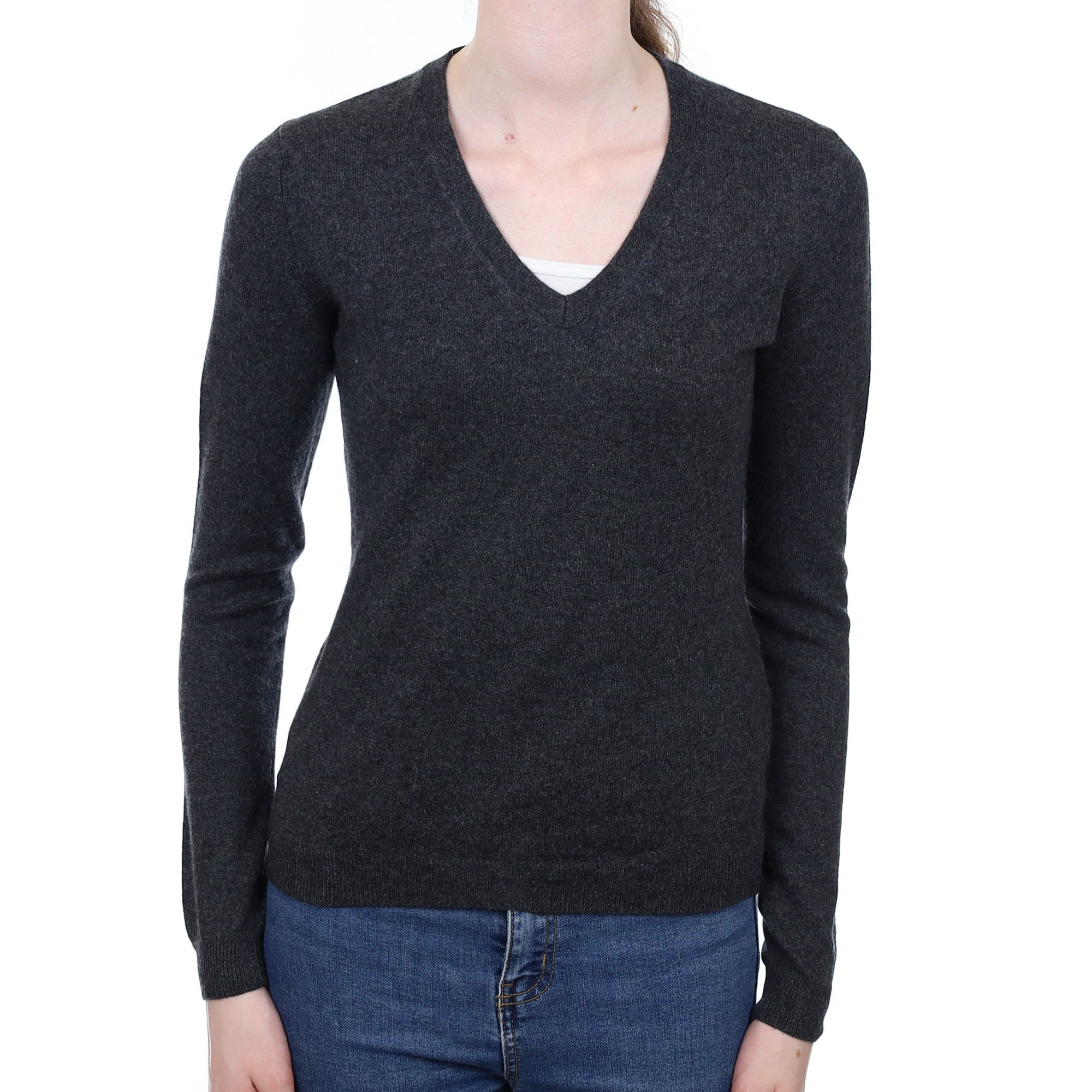 Charcoal Grey Cashmere V Neck Jumper Extra Small