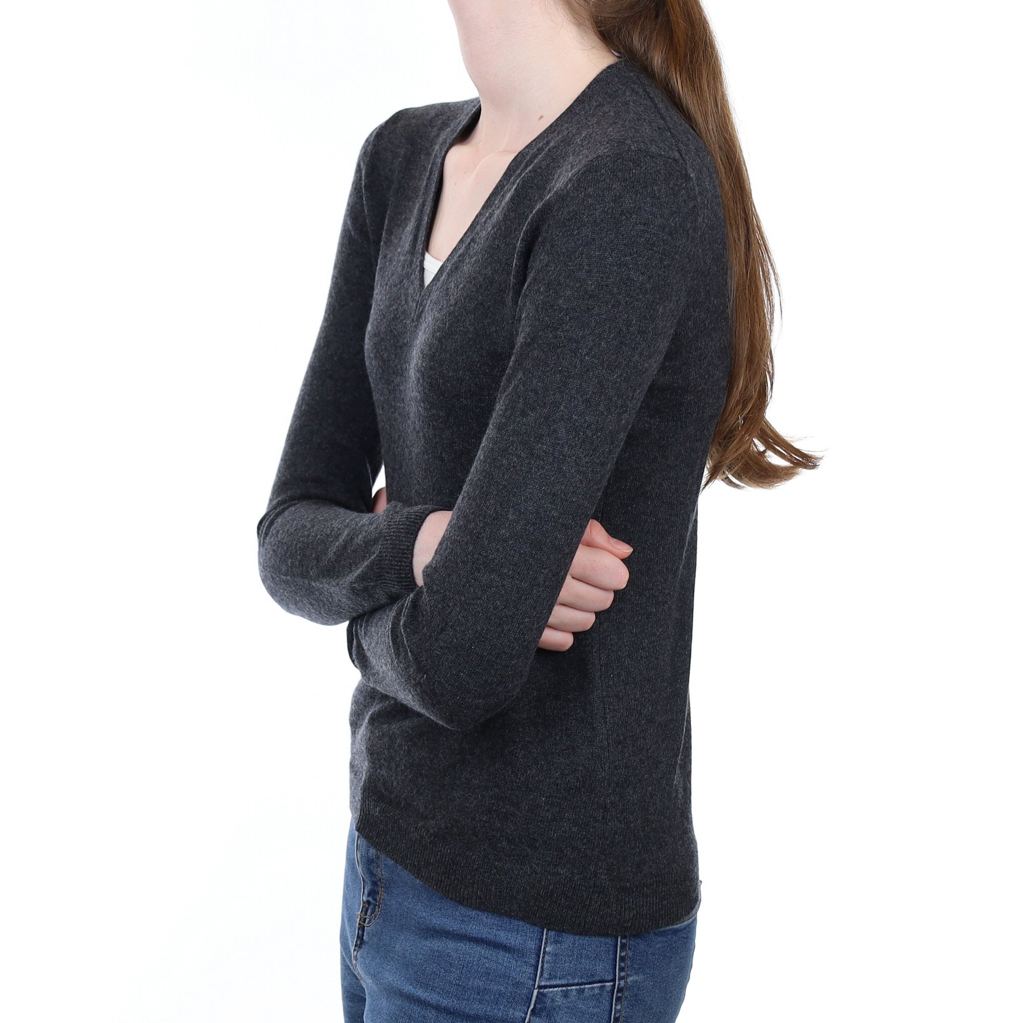 Charcoal Grey Cashmere V Neck Jumper Extra Small