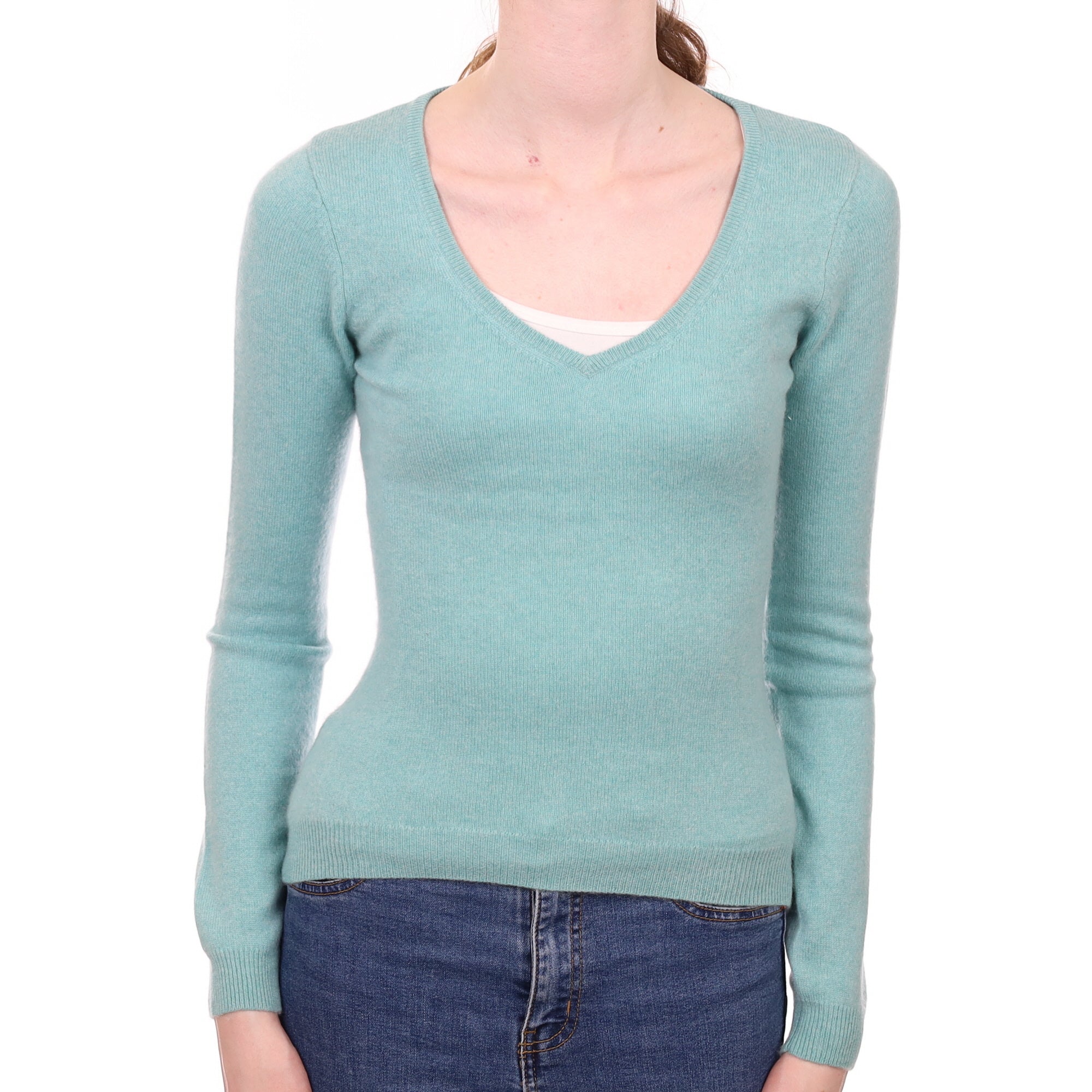 Duck Egg Green Cashmere V Neck Jumper Extra Small