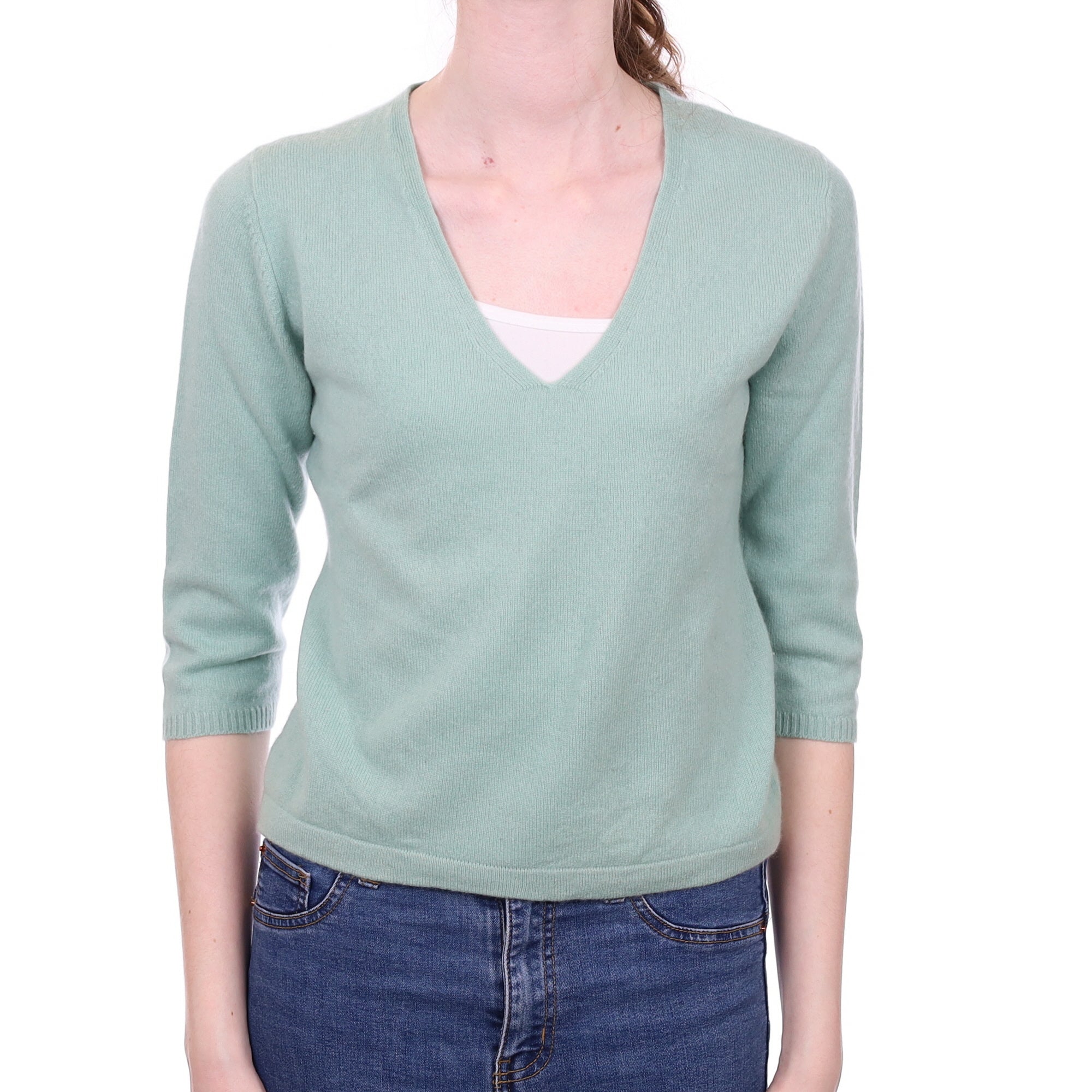Duck Egg Green Cashmere V Neck Jumper Extra Small