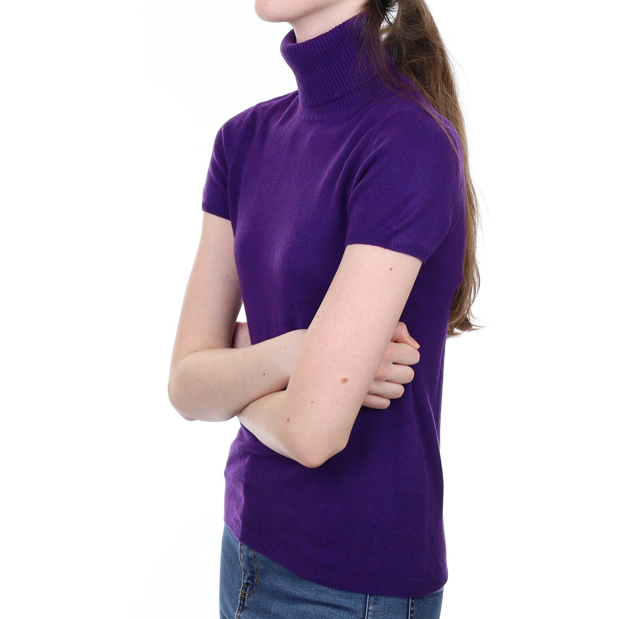 Purple and Burgundy Marl Cashmere Polo Neck Jumper short sleeve Extra Small