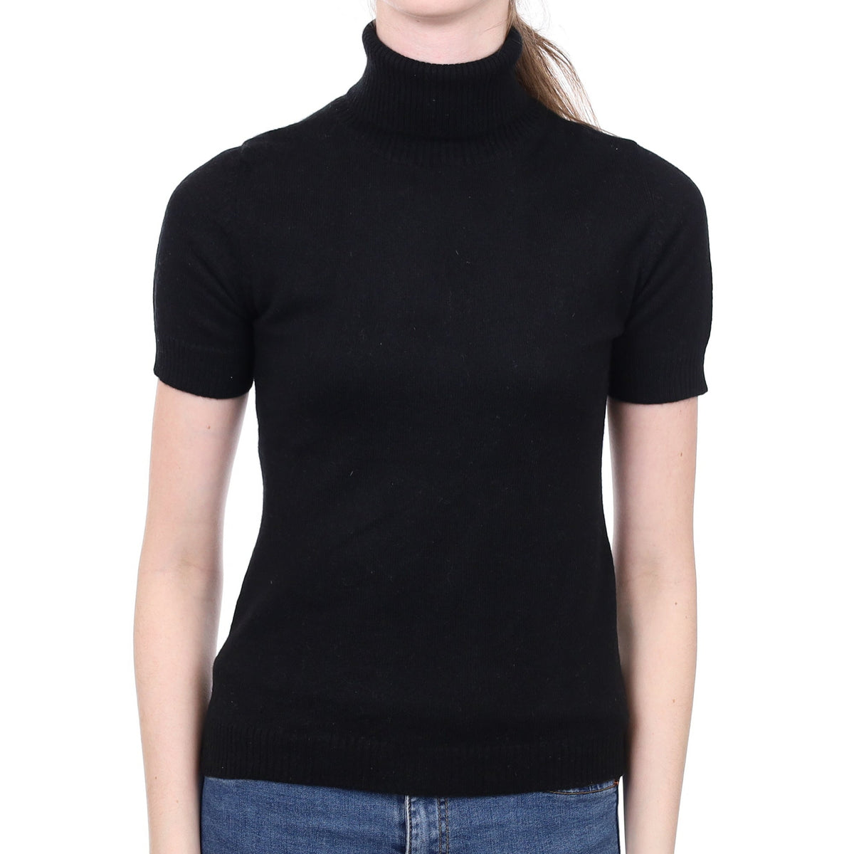 Black Cashmere Short Sleeved Polo Neck Jumper Extra Small