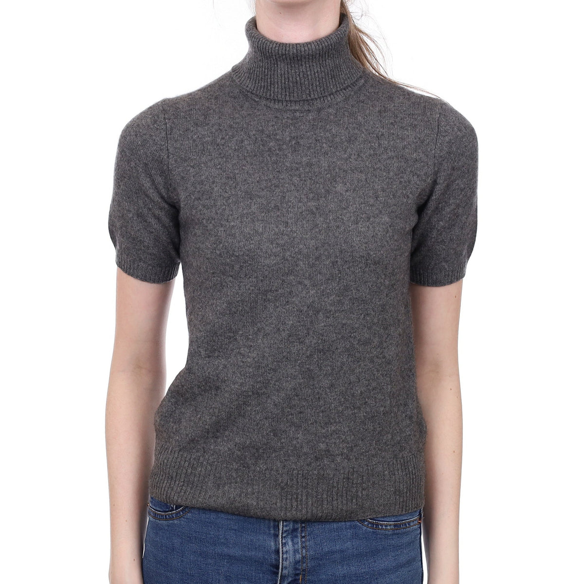 Slate Grey Cashmere Short Sleeved Polo Neck Jumper Extra Small