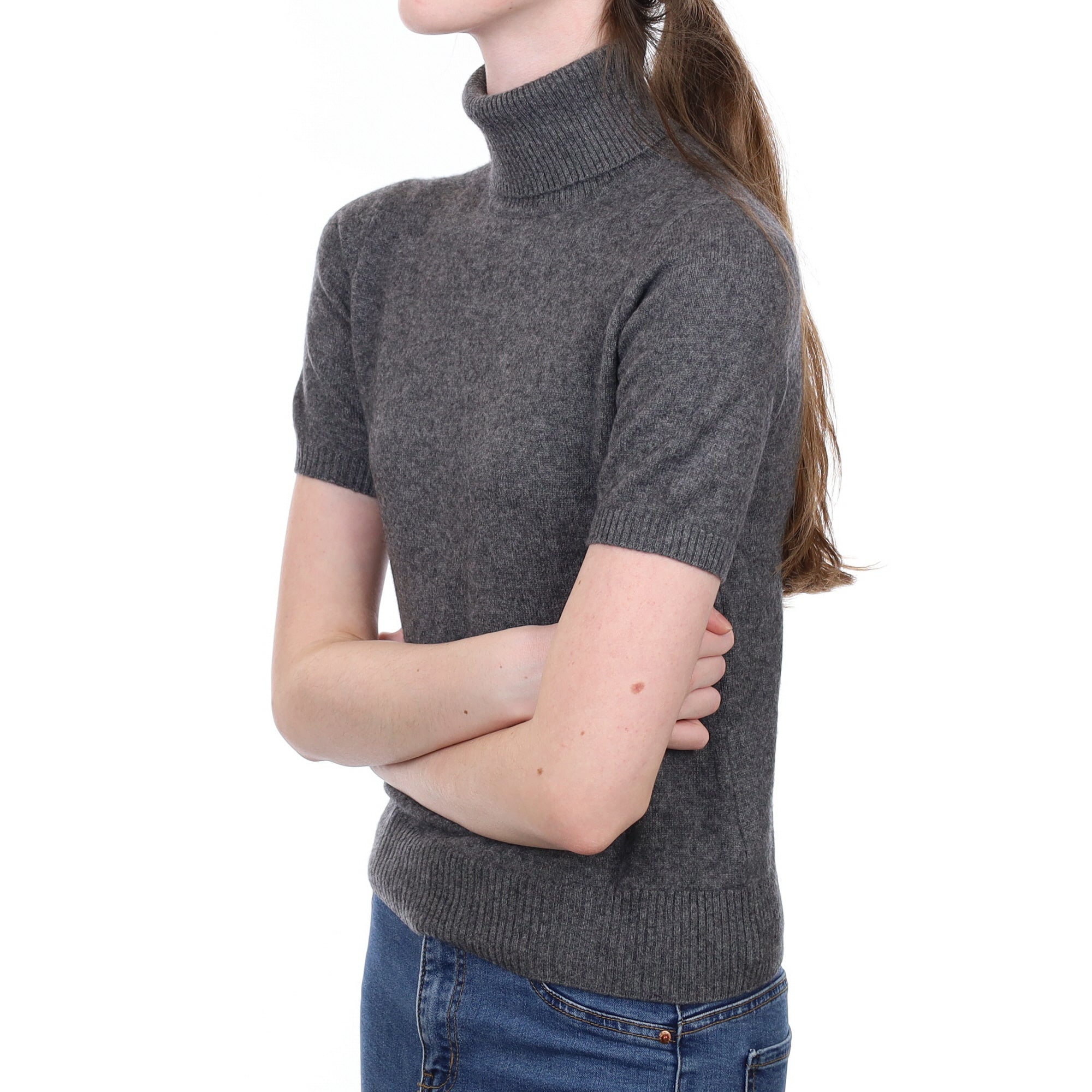 Slate Grey Cashmere Short Sleeved Polo Neck Jumper Extra Small