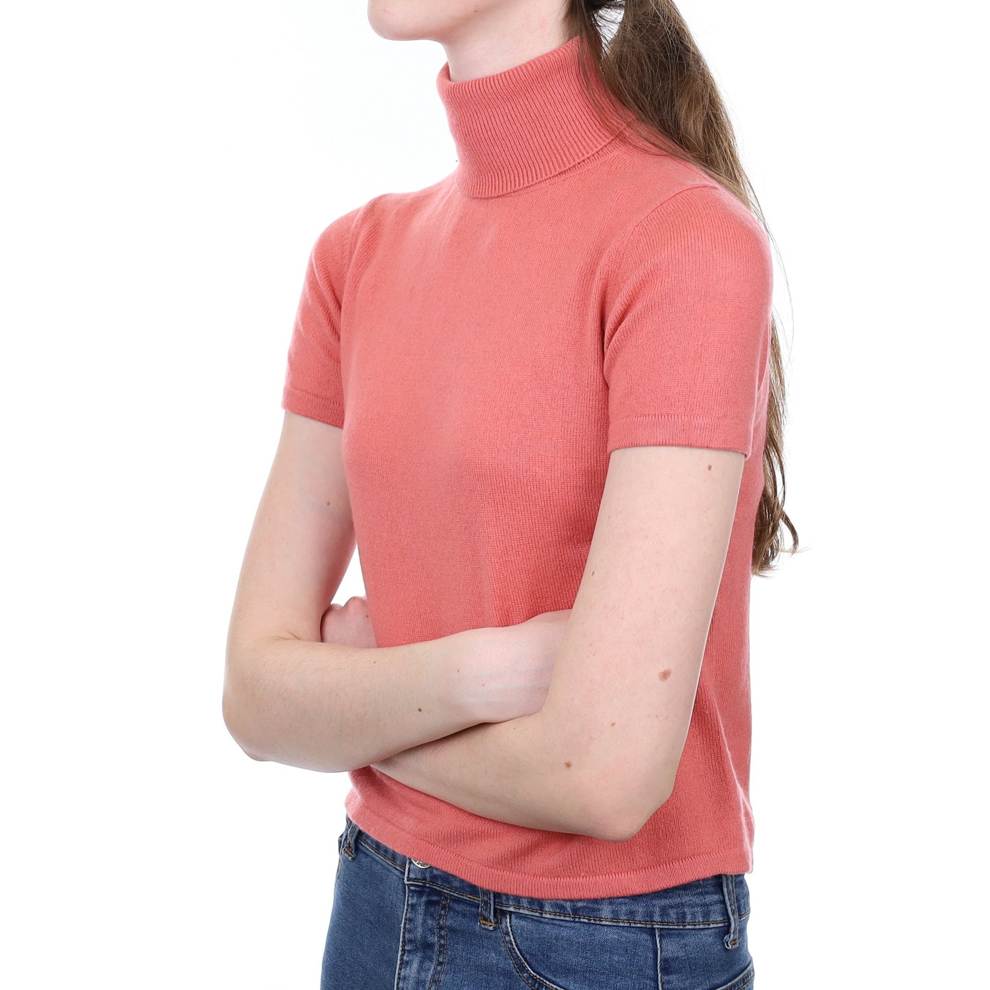 Hazy Pink Cashmere Short Sleeved Polo Neck Jumper Extra Small