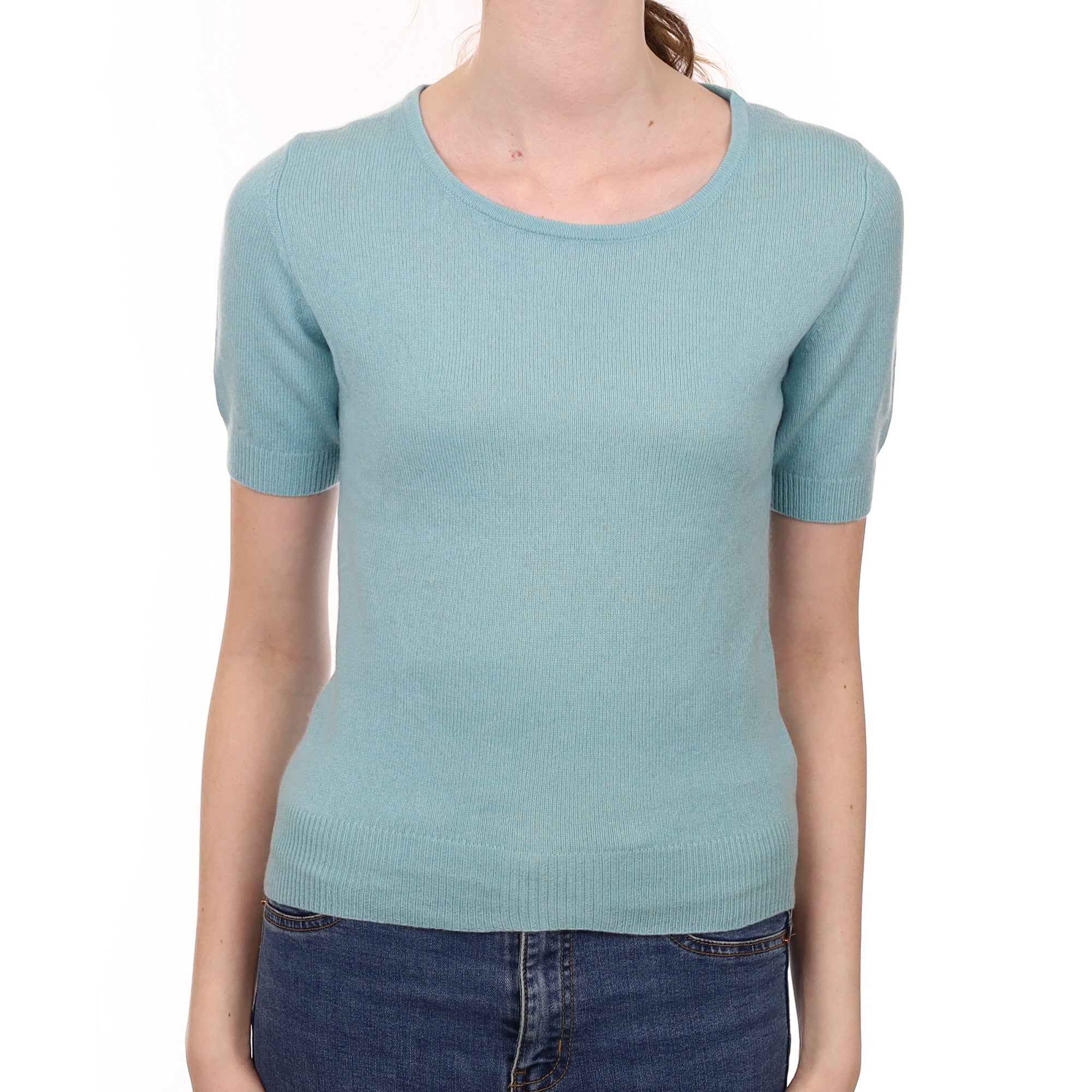 Sky Blue Cashmere Crew Neck Short Sleeved Jumper Extra Small