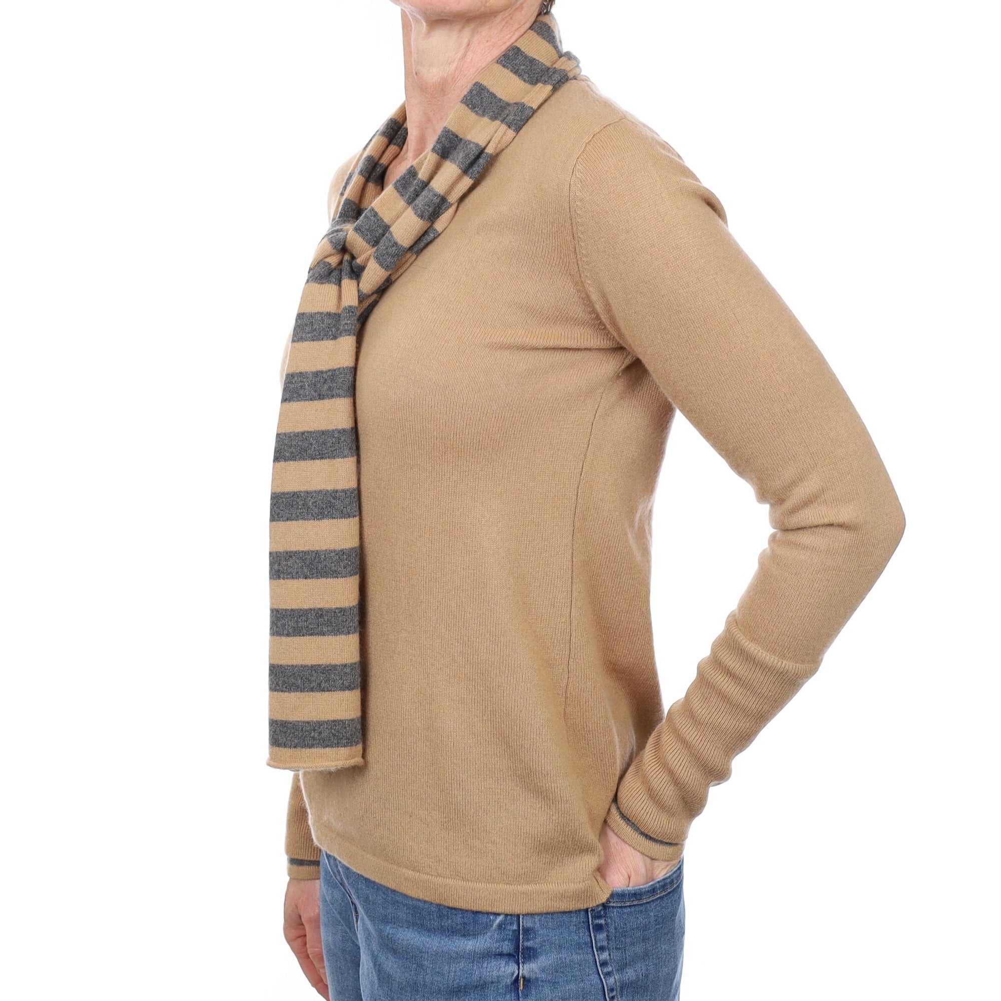 Camel Cashmere V Neck Jumper with Scarf Small
