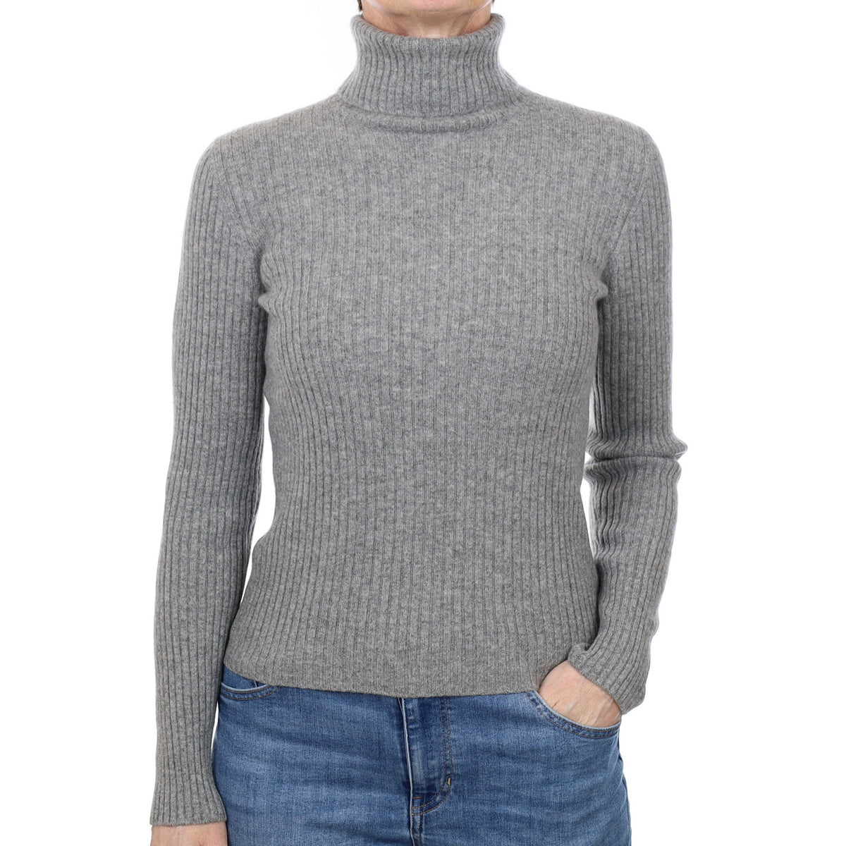 Smoke Grey Rib Cashmere Polo Neck Jumper Small
