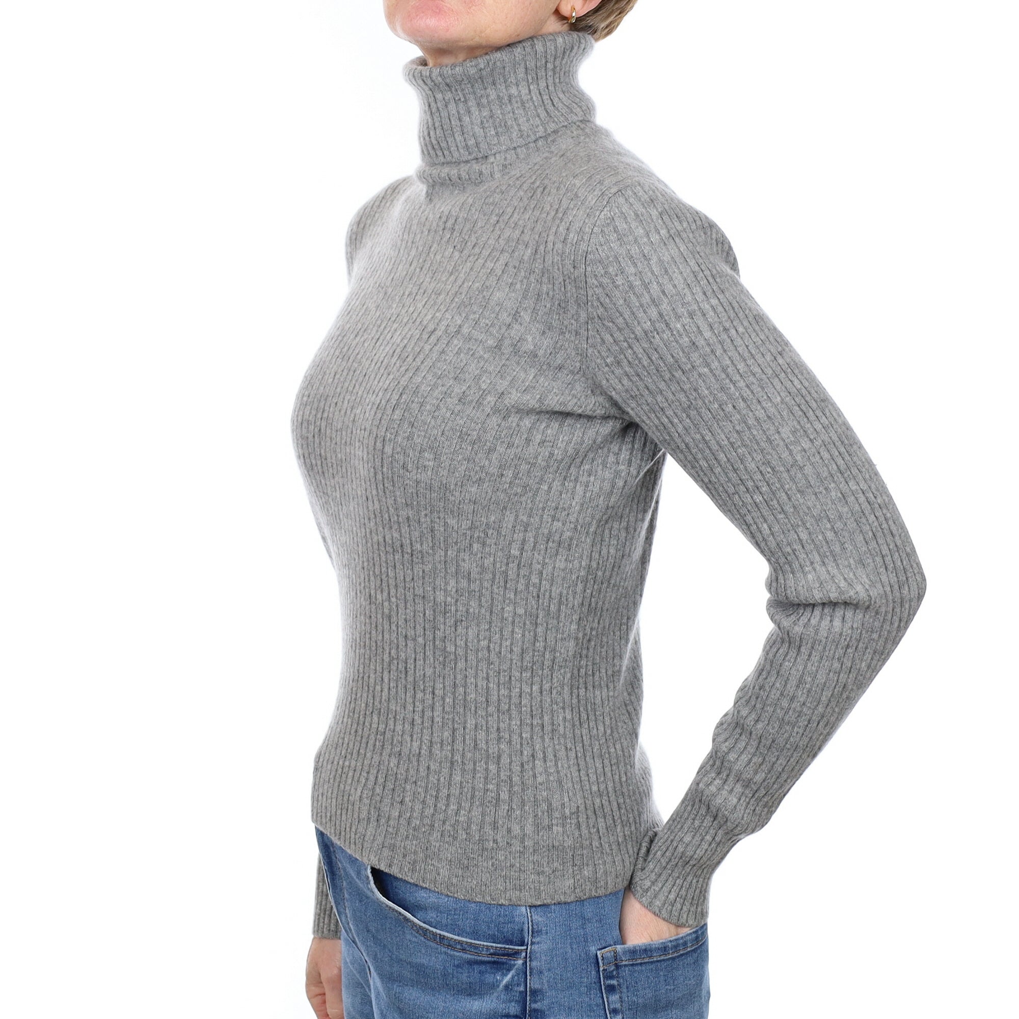 Smoke Grey Rib Cashmere Polo Neck Jumper Small