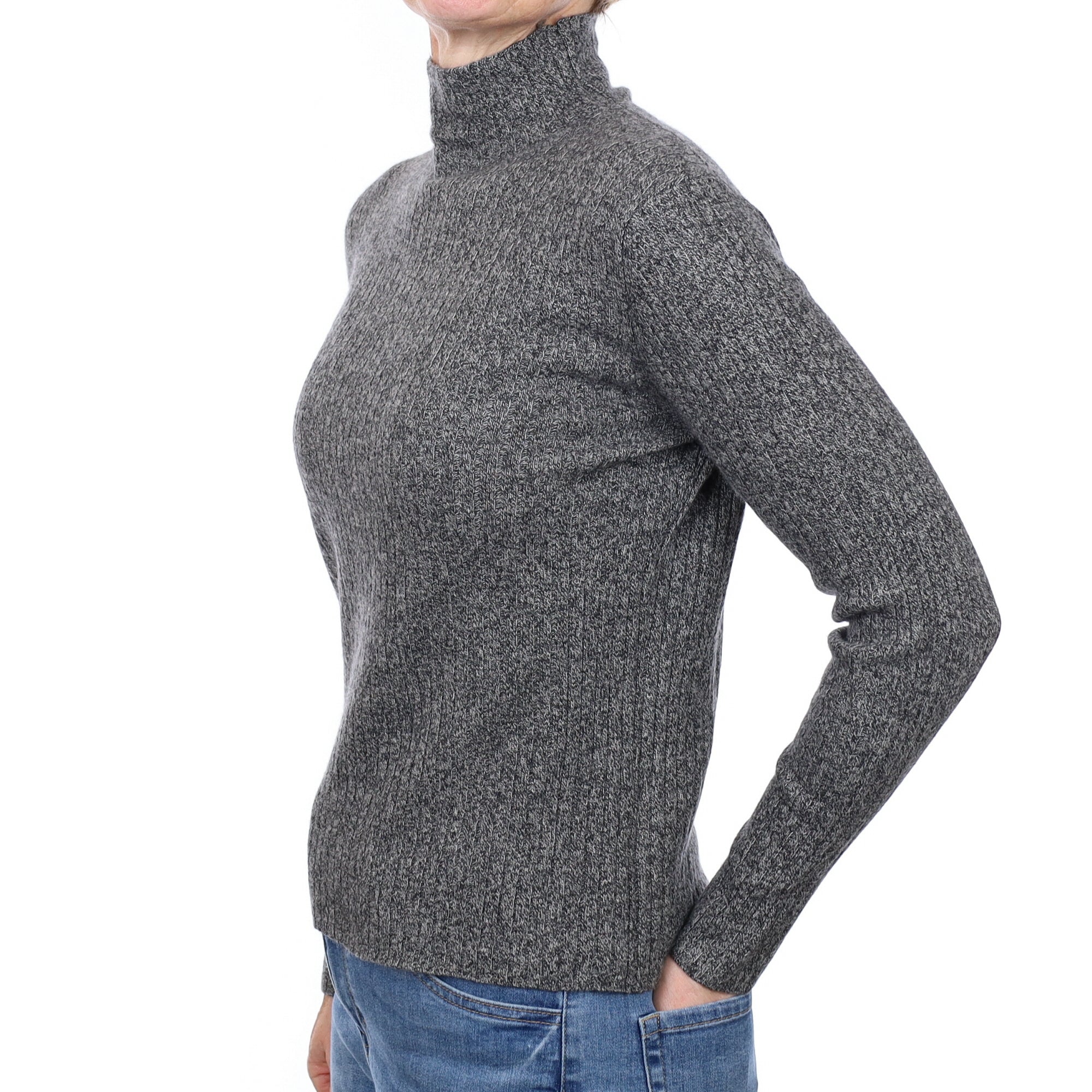 Grey Marl Rib Cashmere Turtleneck Jumper Small