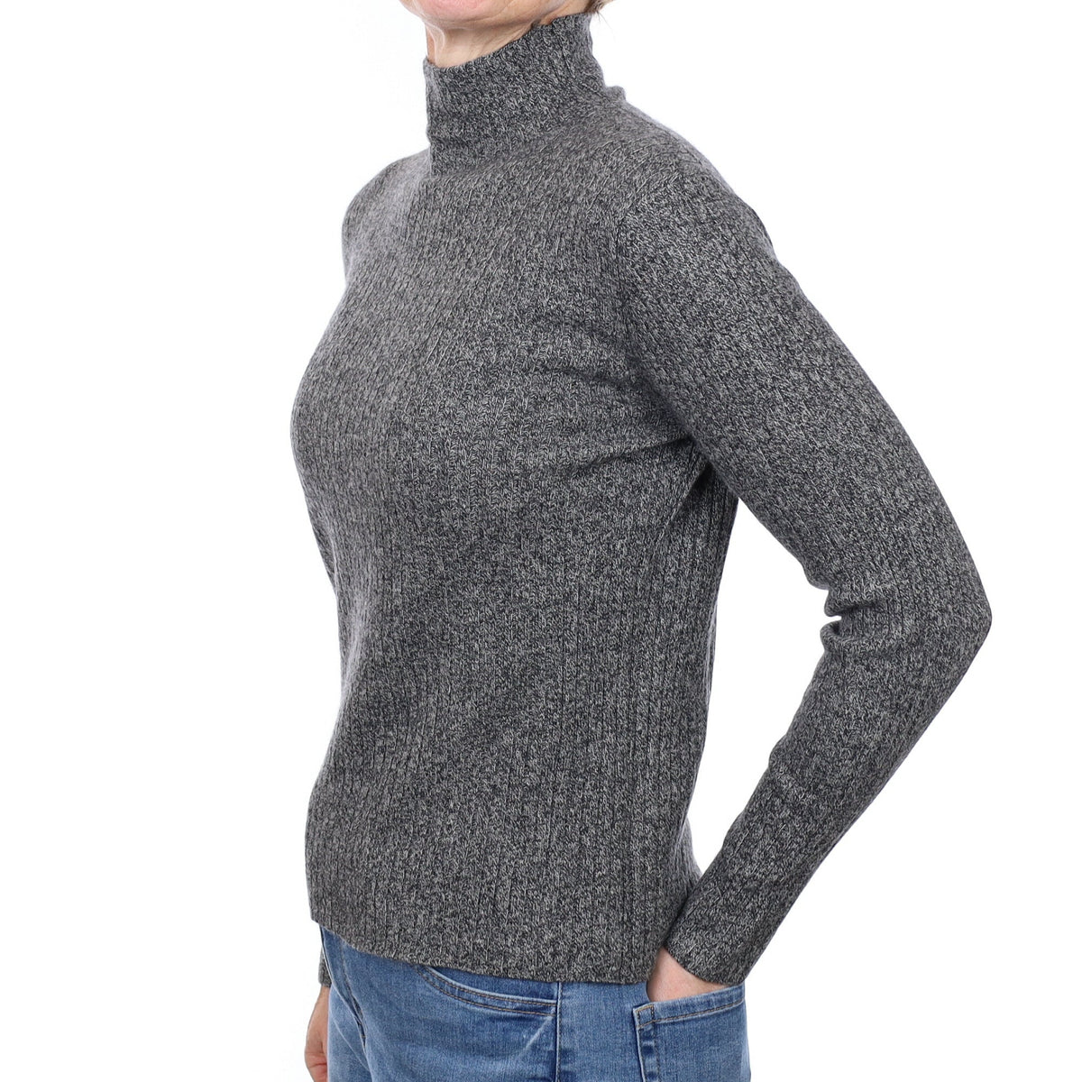 Grey Marl Rib Cashmere Turtleneck Jumper Small