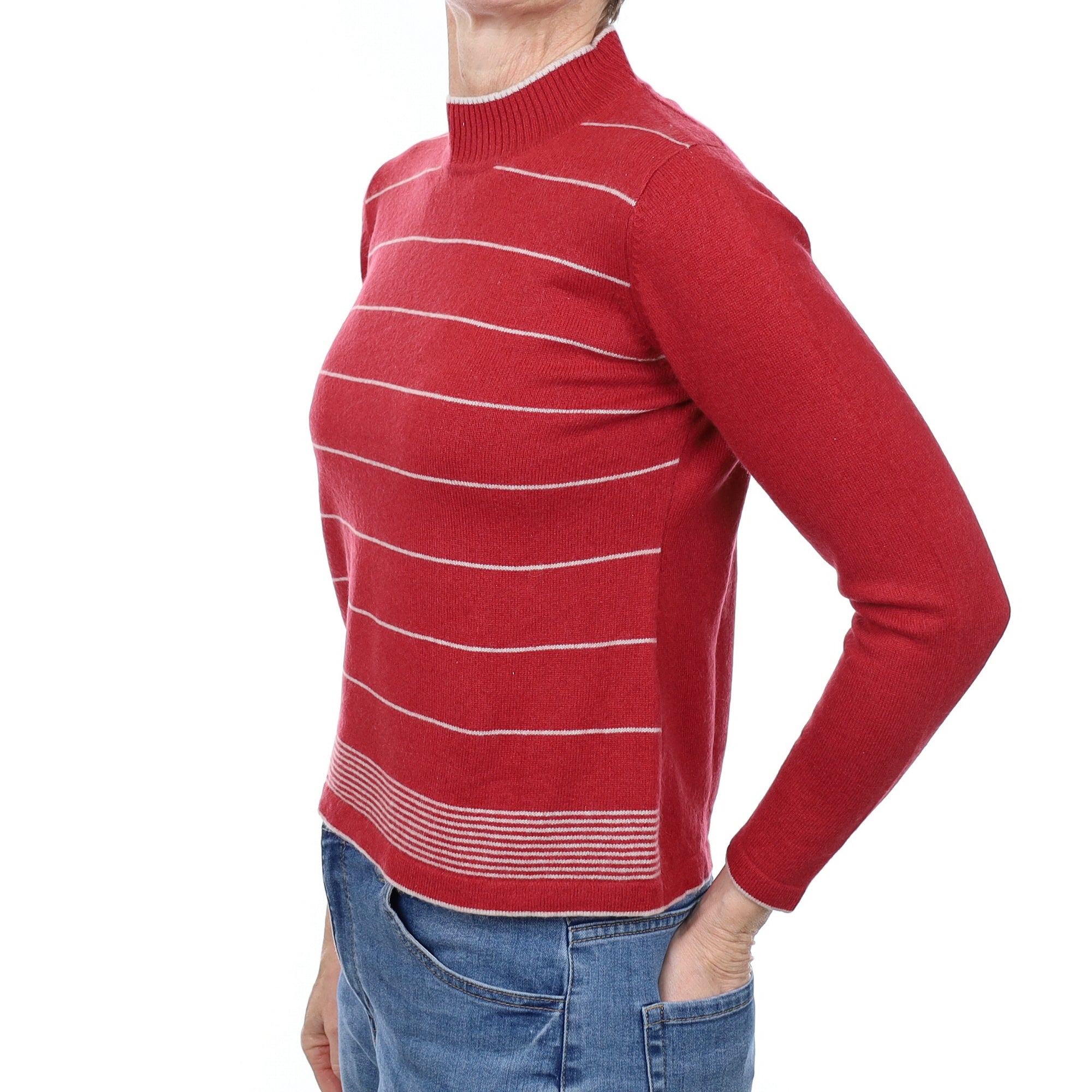 Brick Red Stripe Cashmere Turtleneck Jumper Small