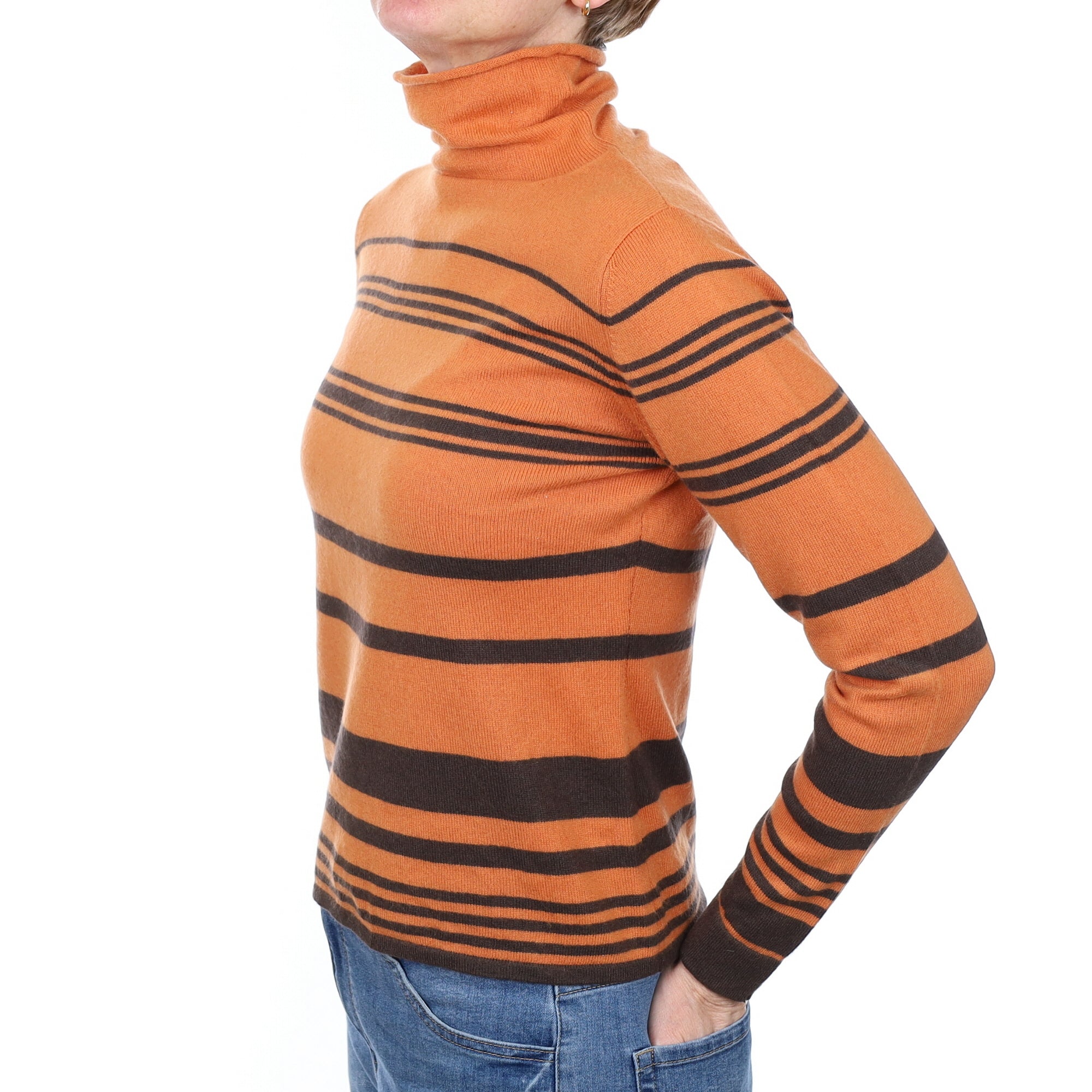 Orange and Brown Stripe Cashmere Turtleneck Jumper Small