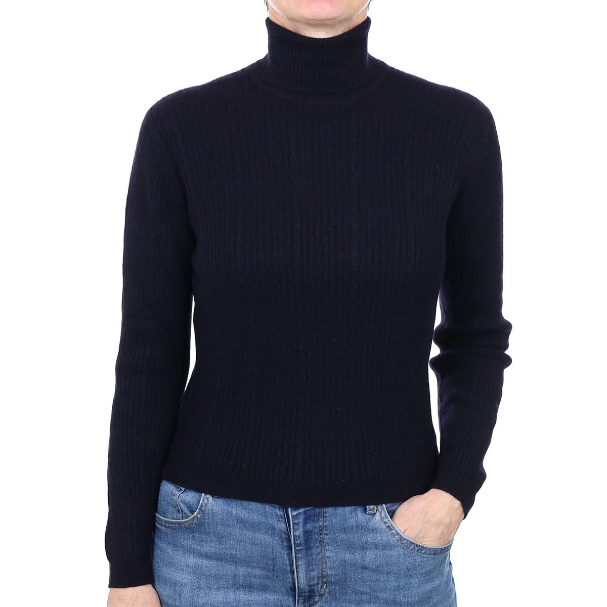 Dark Navy Rib Cashmere Polo Neck Jumper Small