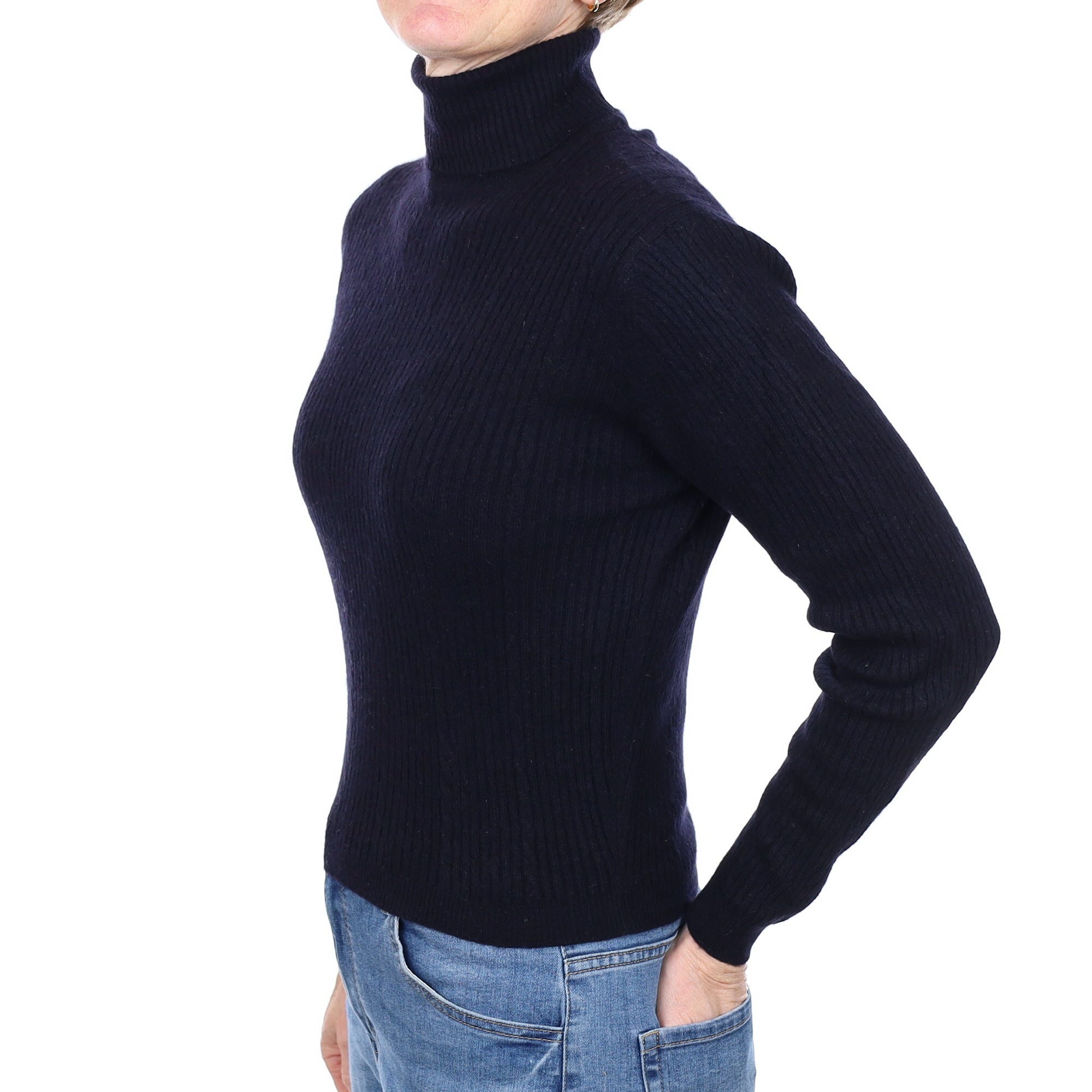 Dark Navy Rib Cashmere Polo Neck Jumper Small