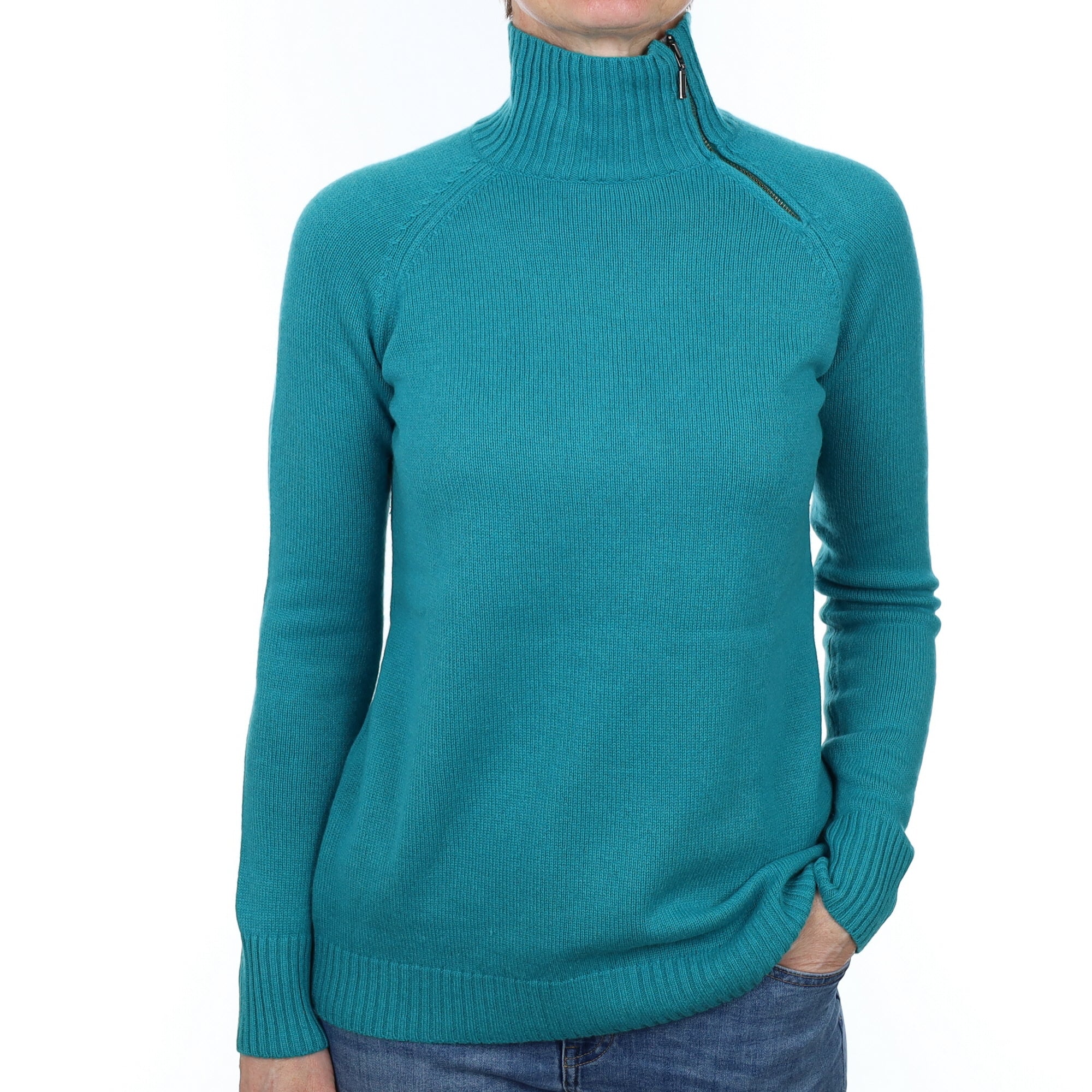 Turquoise Cashmere Zip Turtleneck Jumper Small