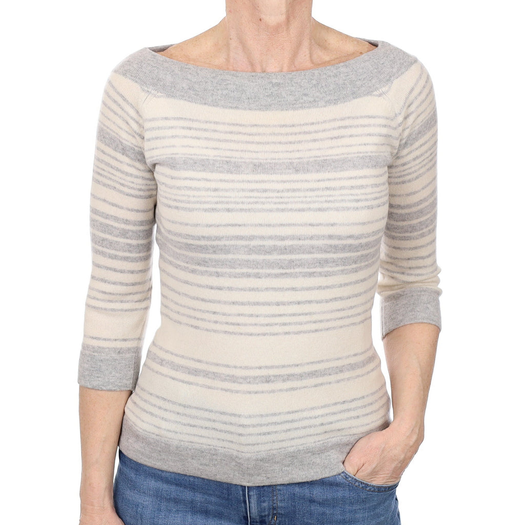 Grey and Ivory Stripe Cashmere Slash Neck Jumper Small