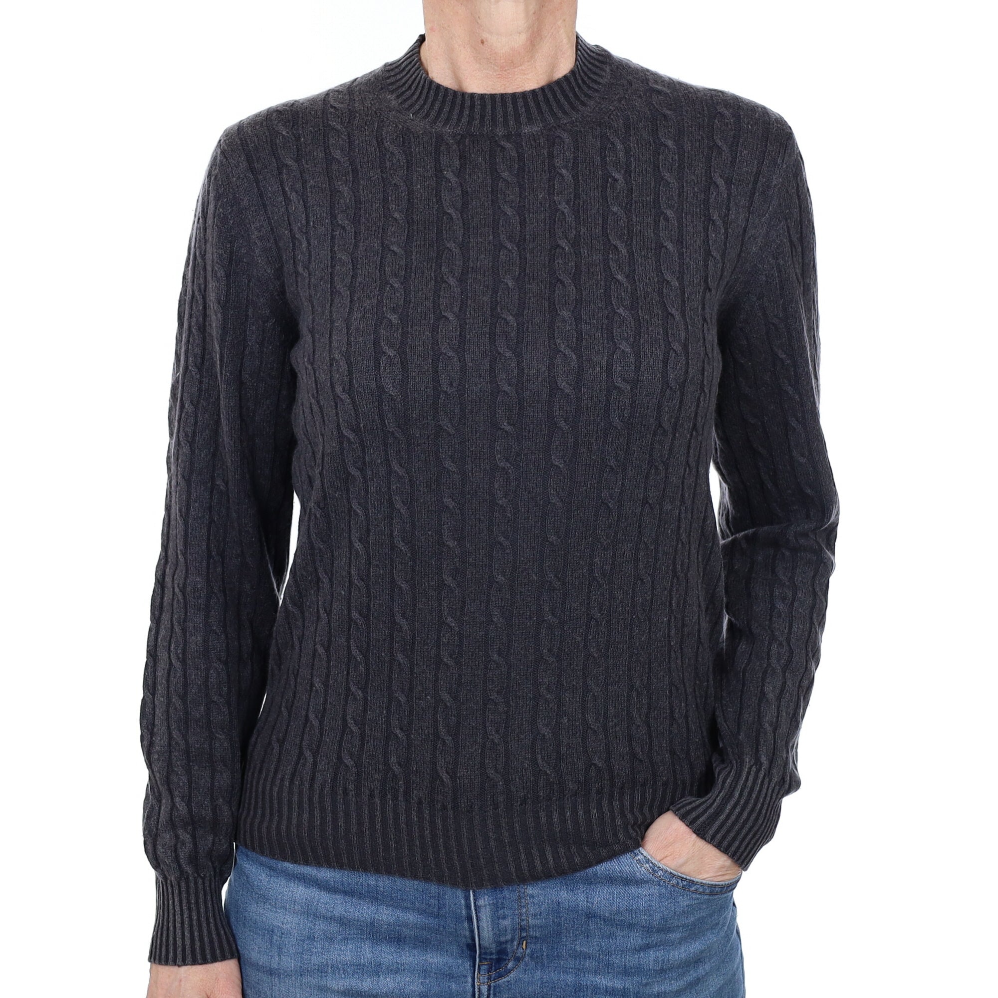 Slate Grey Cable Cashmere Crew Neck Jumper Small