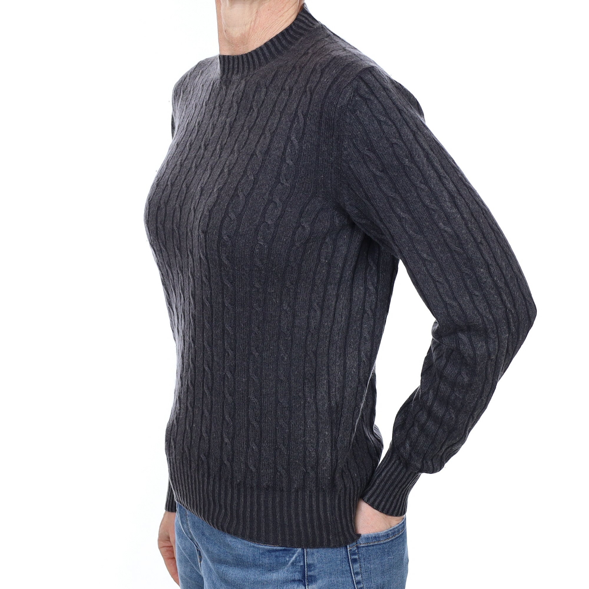 Slate Grey Cable Cashmere Crew Neck Jumper Small
