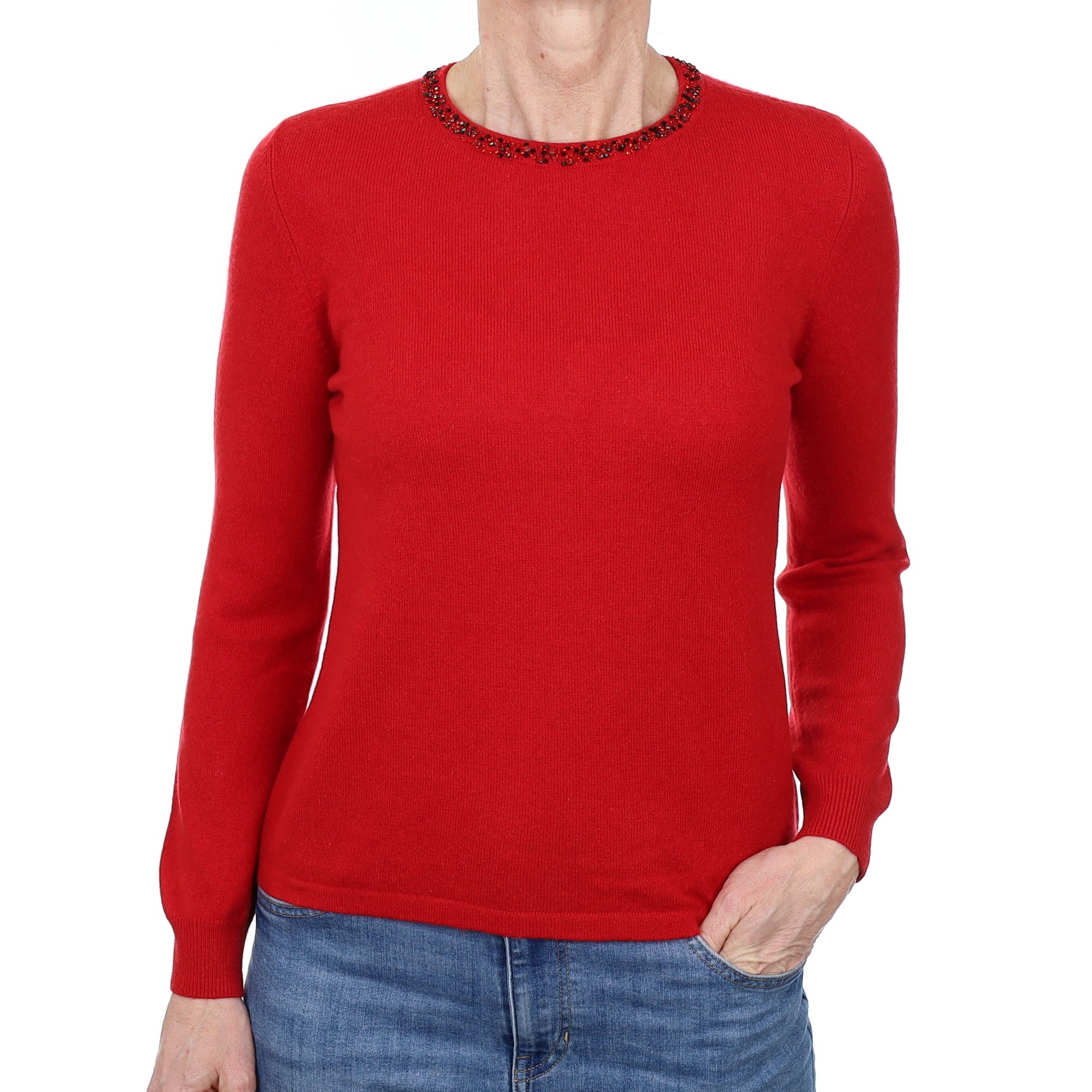 Berry Red Embellished Cashmere Crew Neck Jumper Small