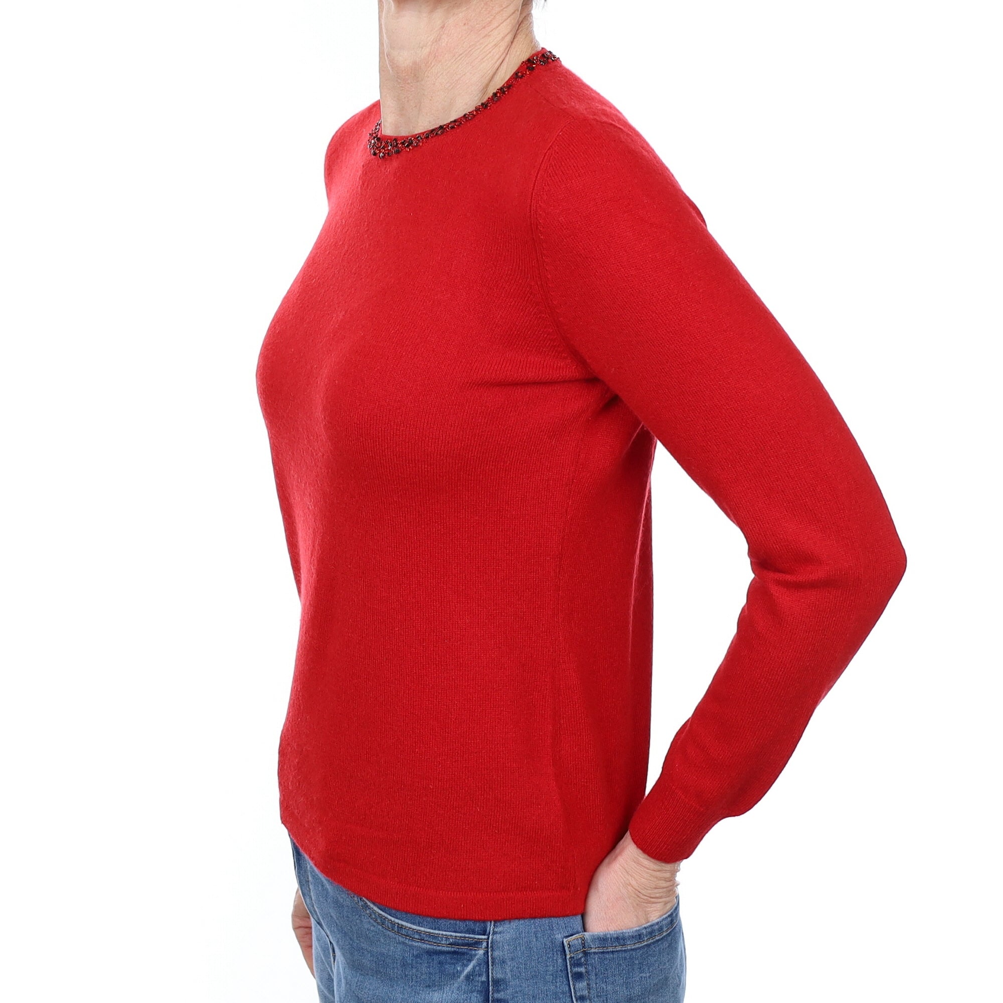 Berry Red Embellished Cashmere Crew Neck Jumper Small