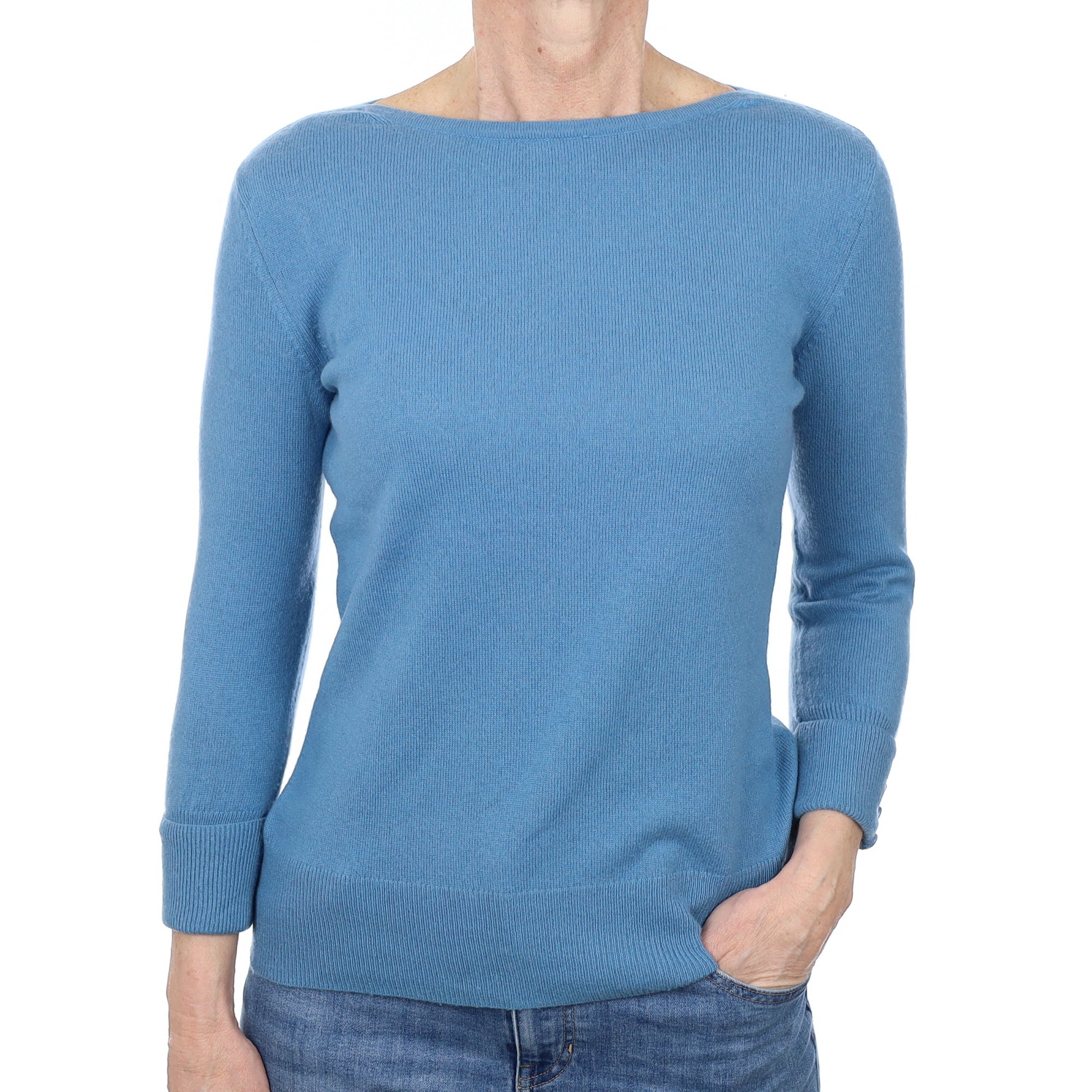 Dusky Blue Cashmere 3/4 Sleeve Boat Neck Jumper Small