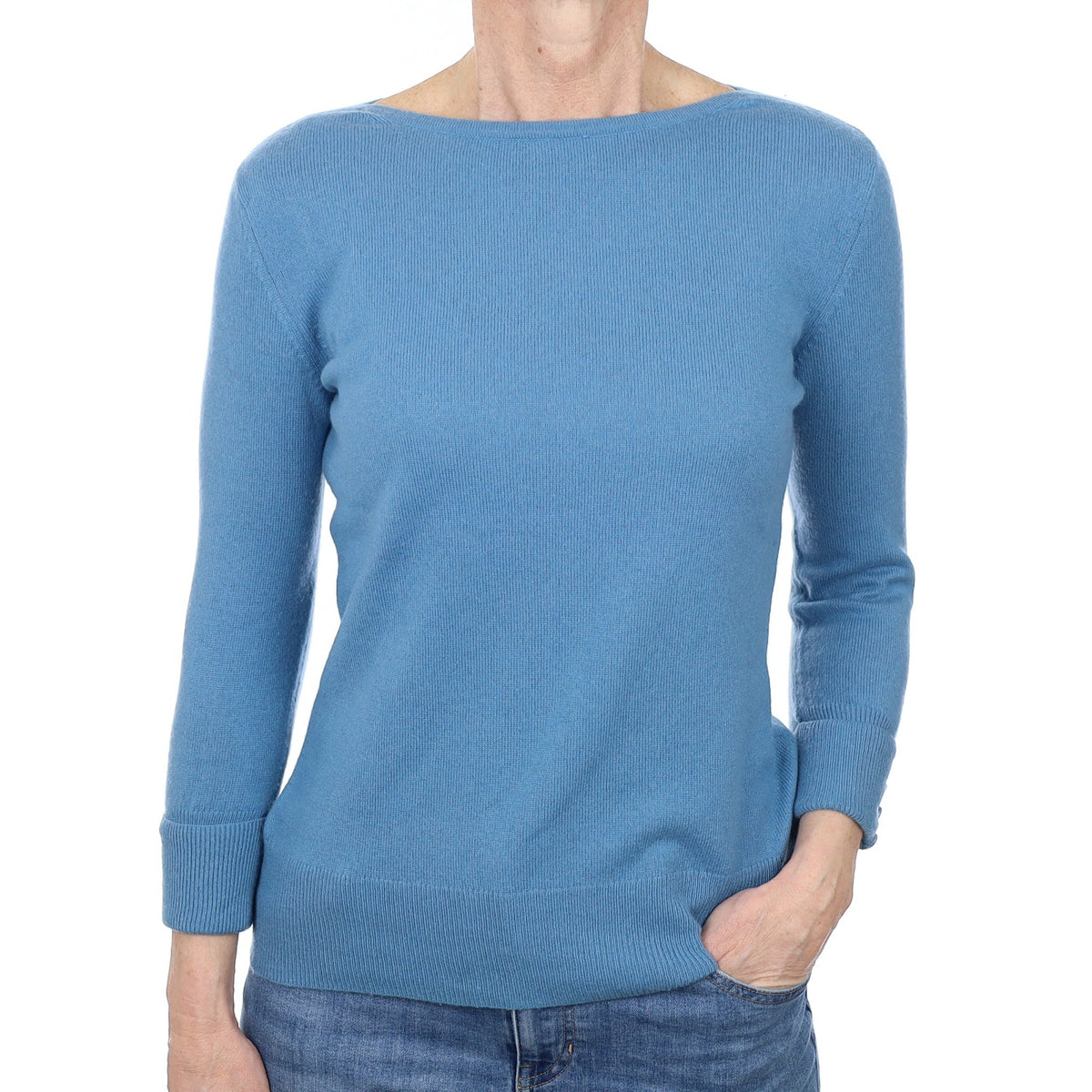 Dusky Blue Cashmere 3/4 Sleeve Boat Neck Jumper Small