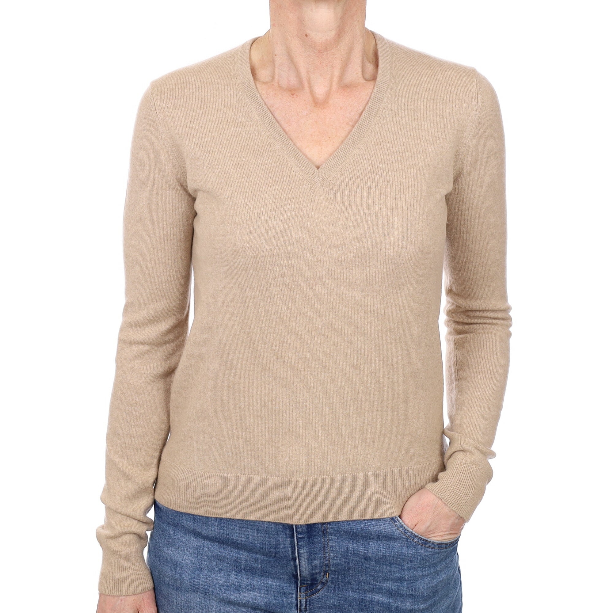 Biscuit Beige Cashmere V Neck Jumper Small