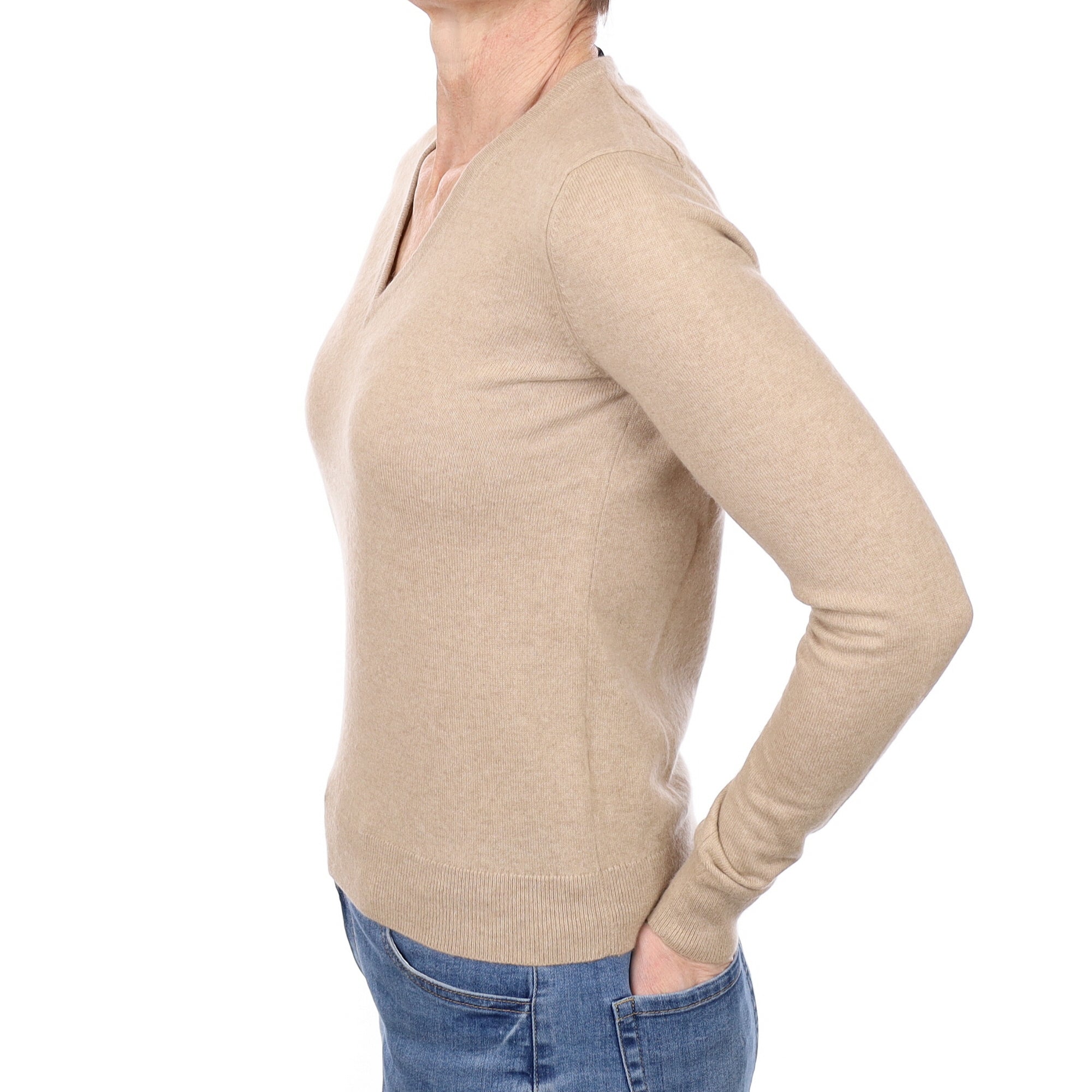 Biscuit Beige Cashmere V Neck Jumper Small