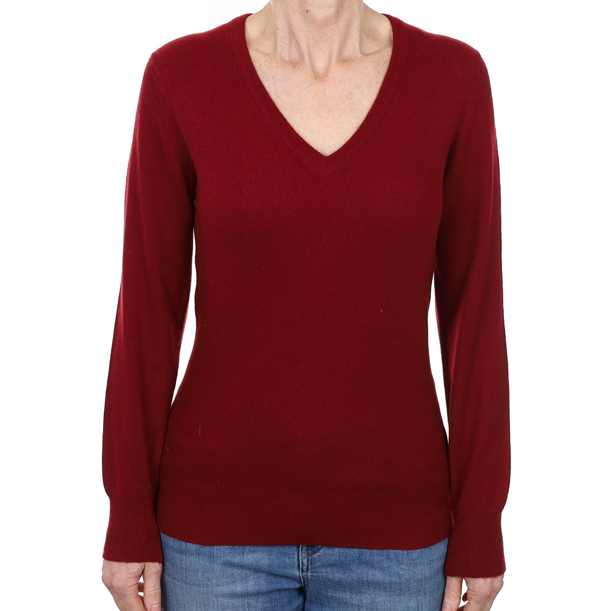 Scottish Burgundy Red Cashmere V Neck Jumper Small