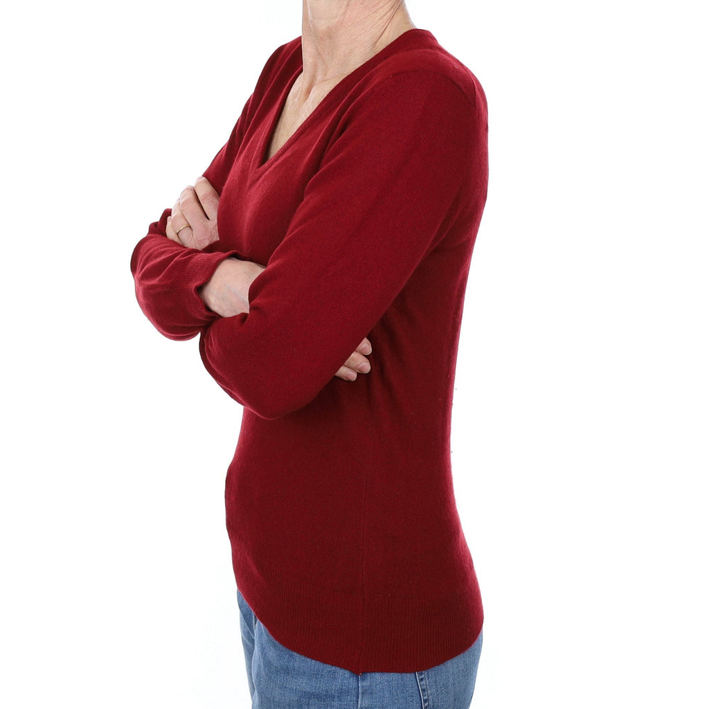 Scottish Burgundy Red Cashmere V Neck Jumper Small