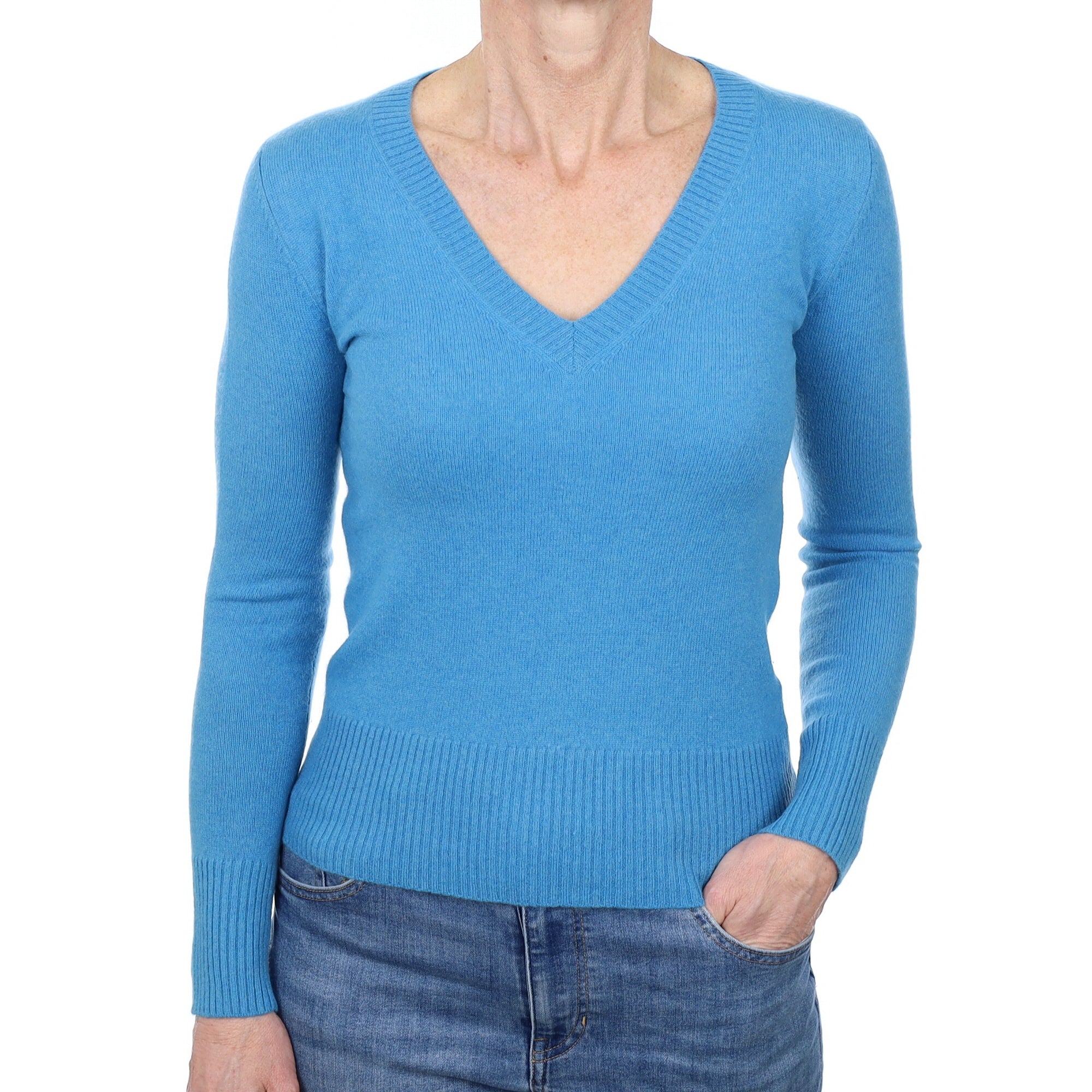 Mediterranean Blue Cashmere V Neck Jumper Small