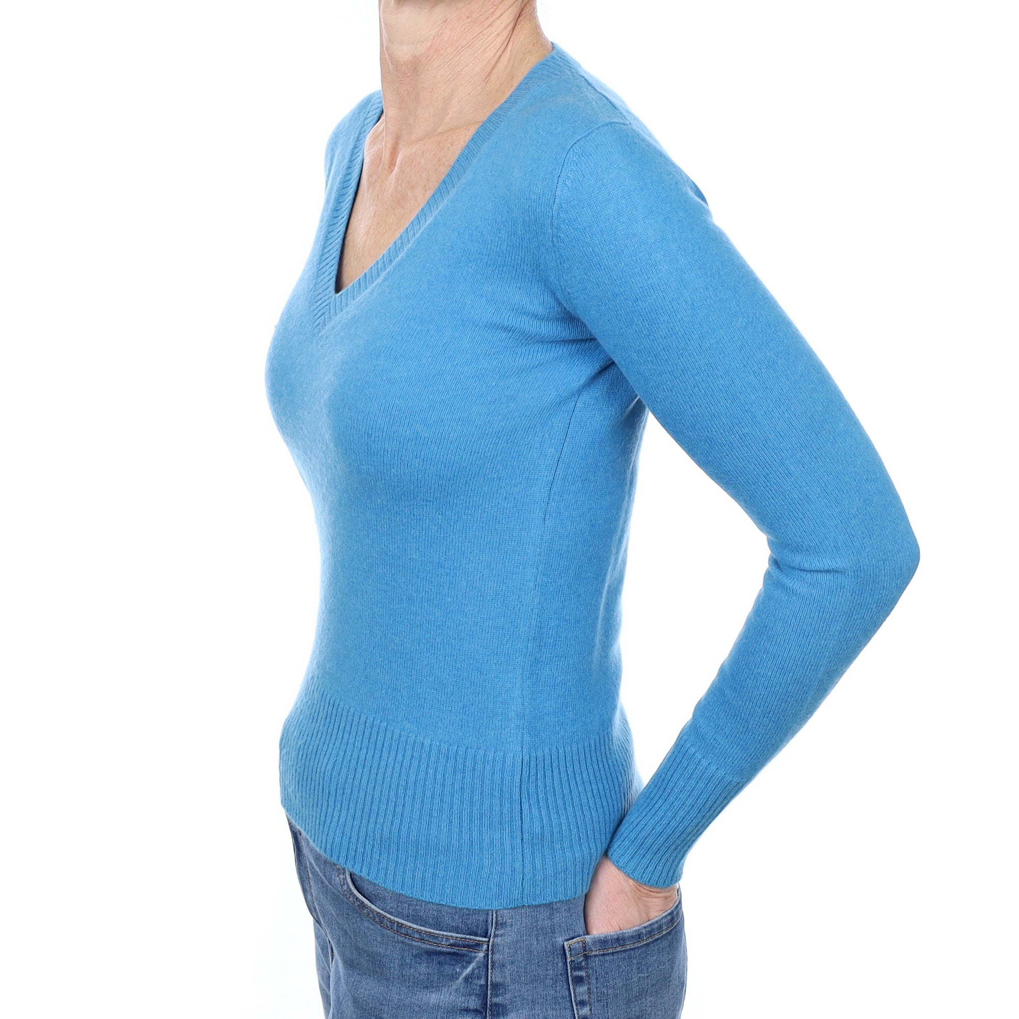 Mediterranean Blue Cashmere V Neck Jumper Small