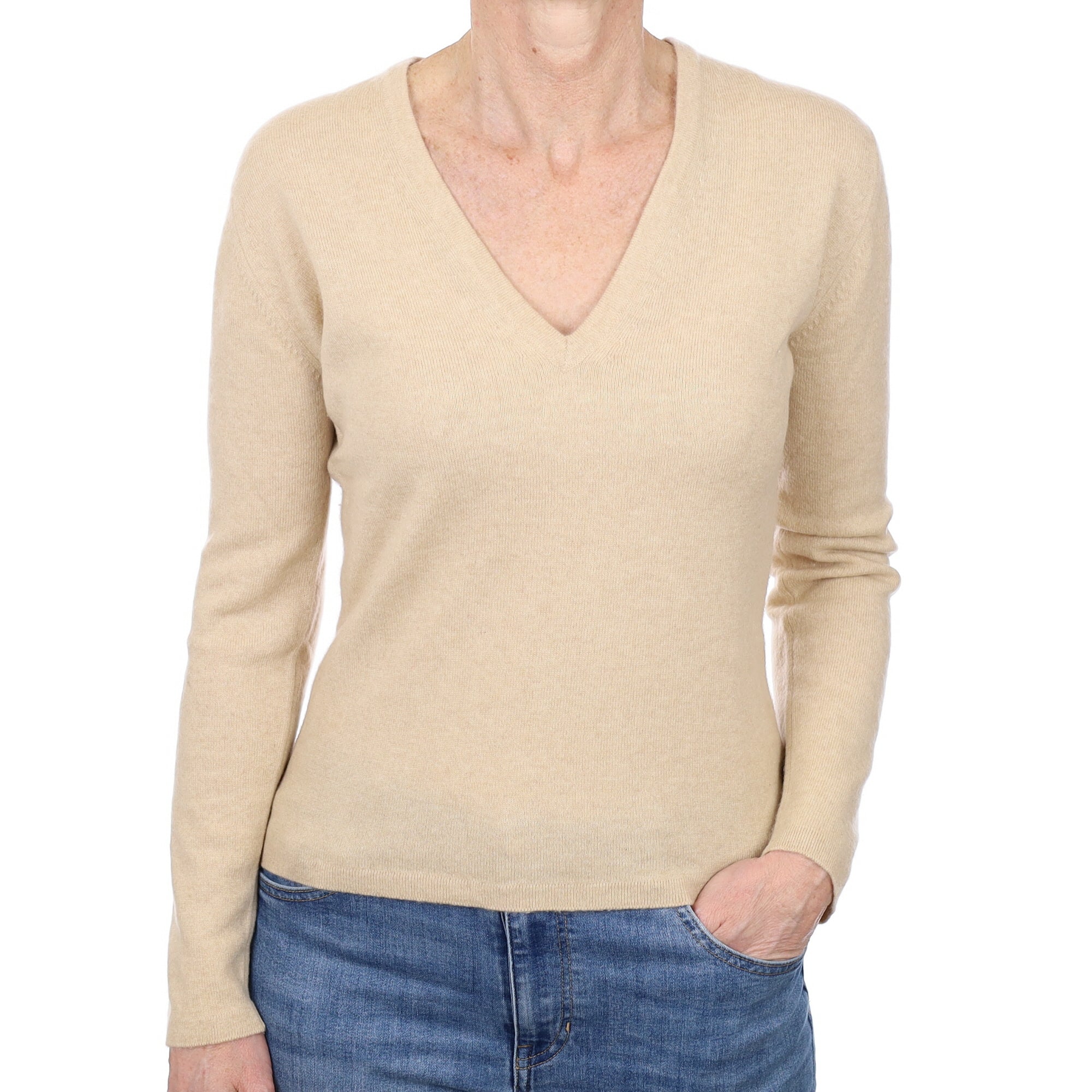 Brora Honey Beige Cashmere V Neck Jumper Small