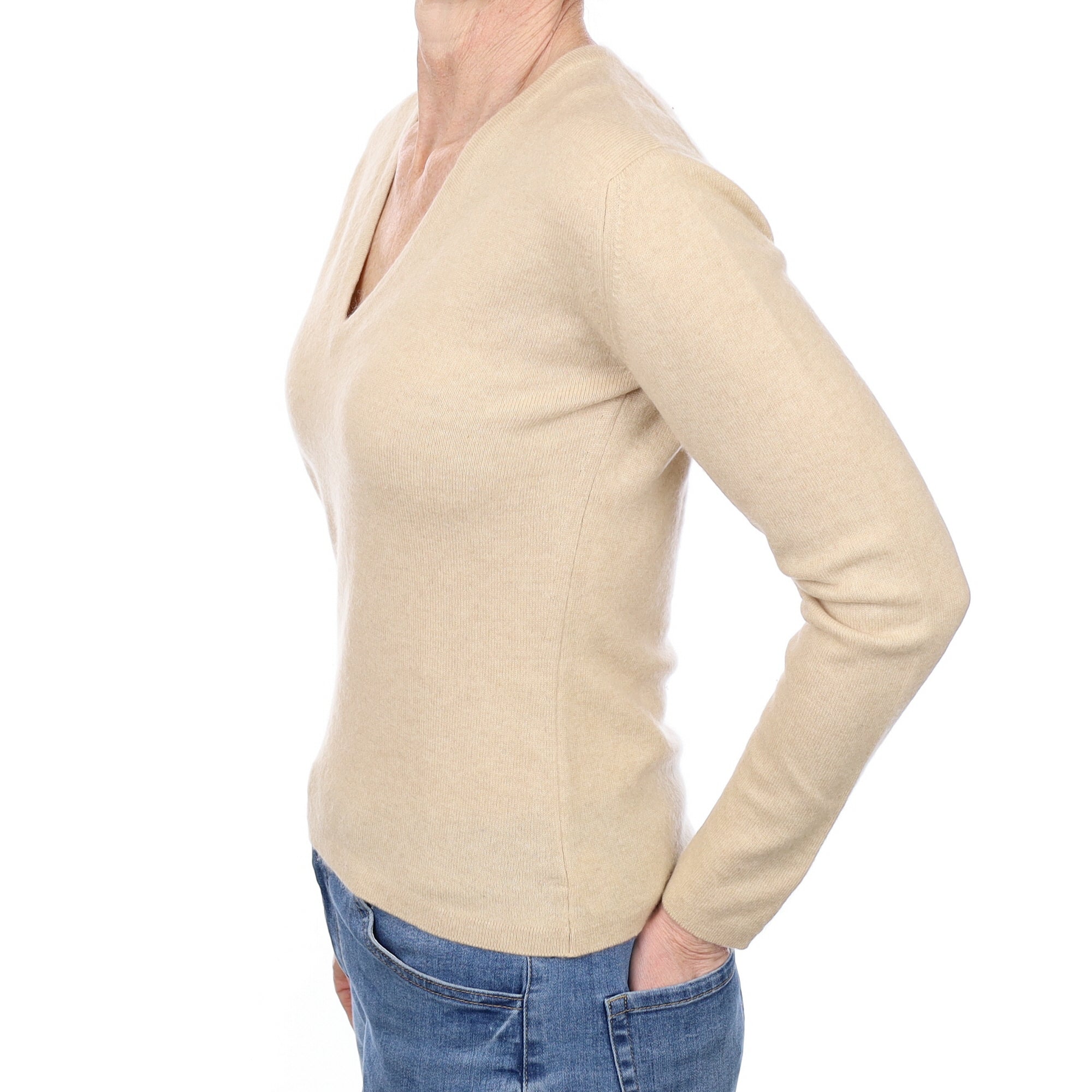 Brora Honey Beige Cashmere V Neck Jumper Small