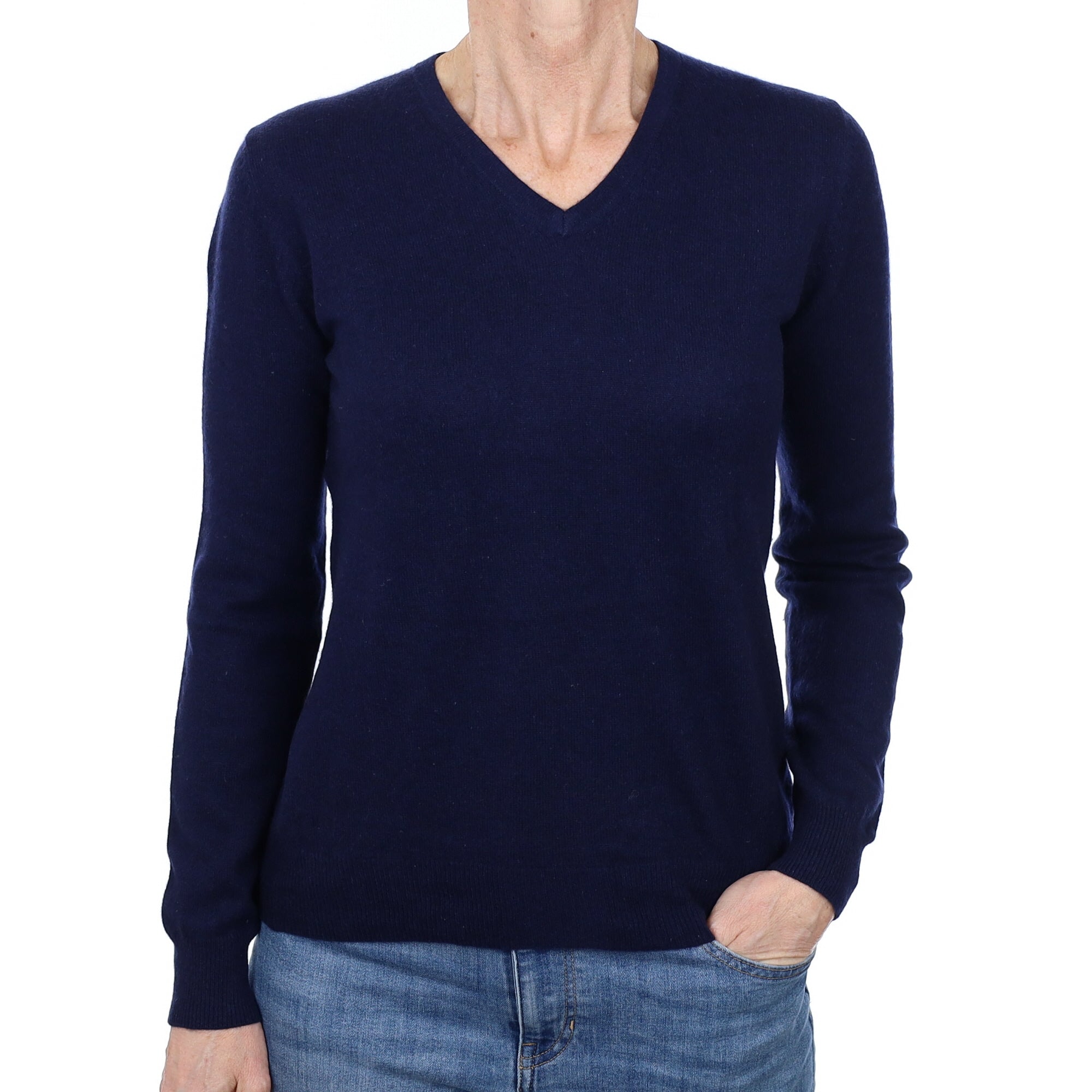 Navy Blue Cashmere V Neck Jumper Small