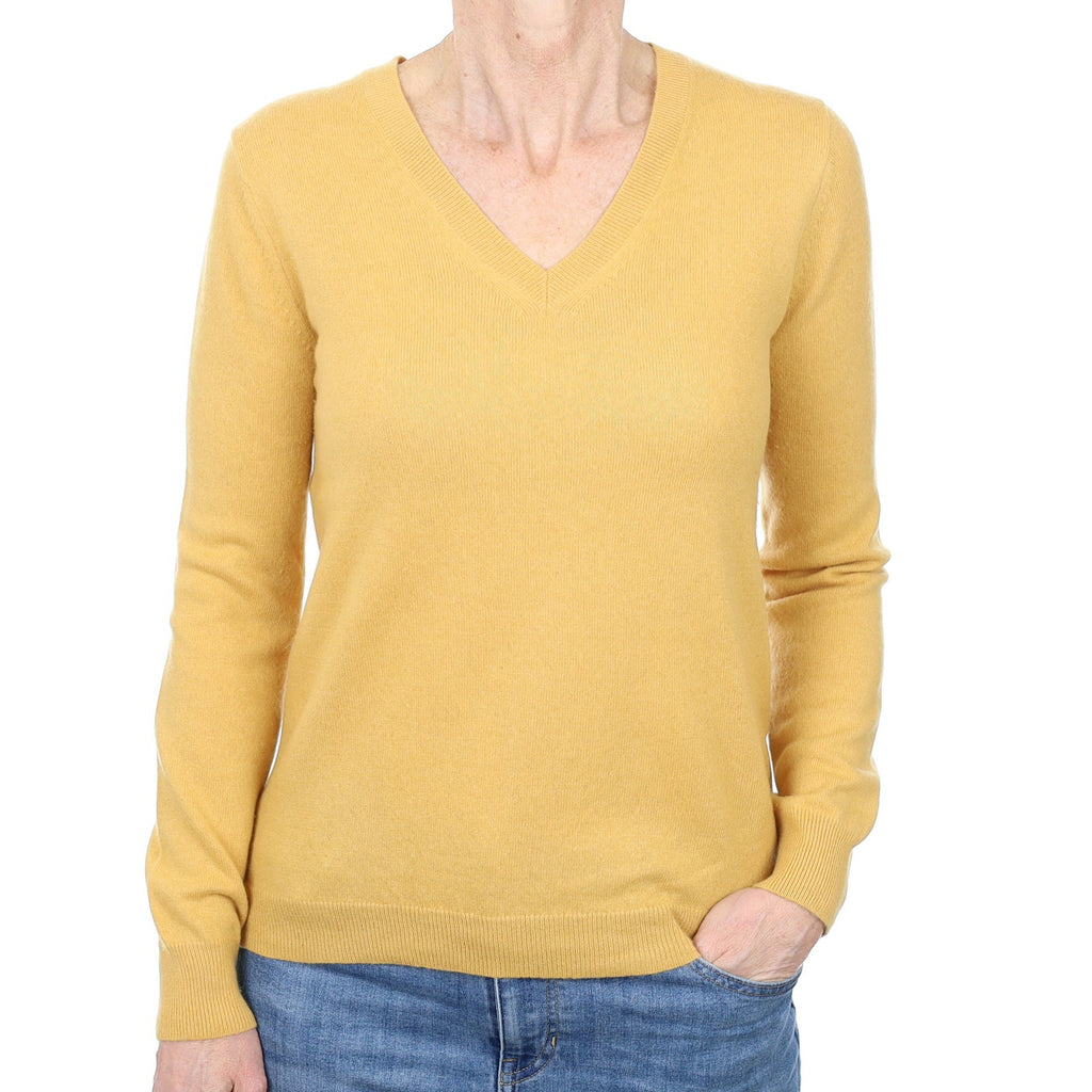 Flaxen Yellow Cashmere V Neck Jumper Small