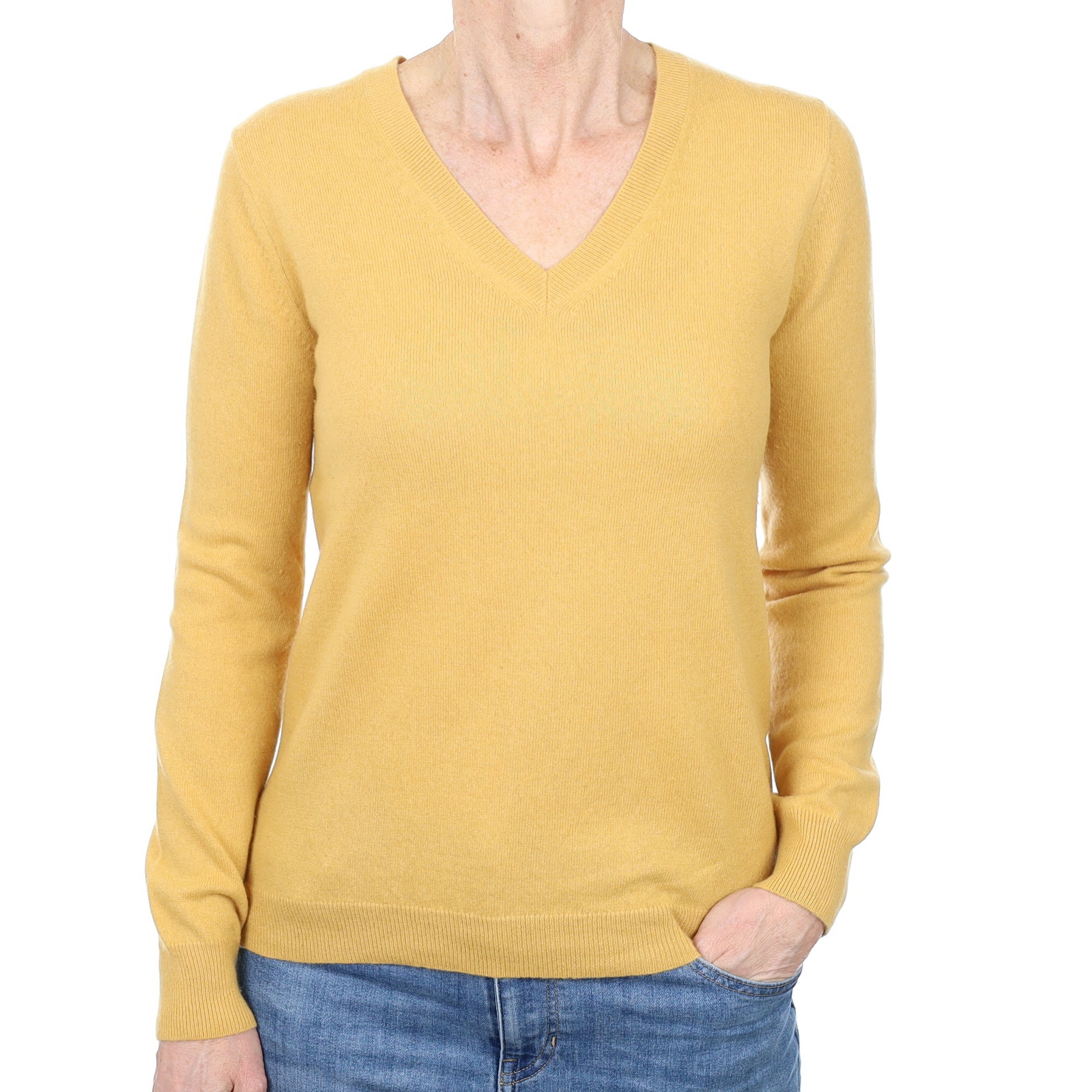 Flaxen Yellow Cashmere V Neck Jumper Small