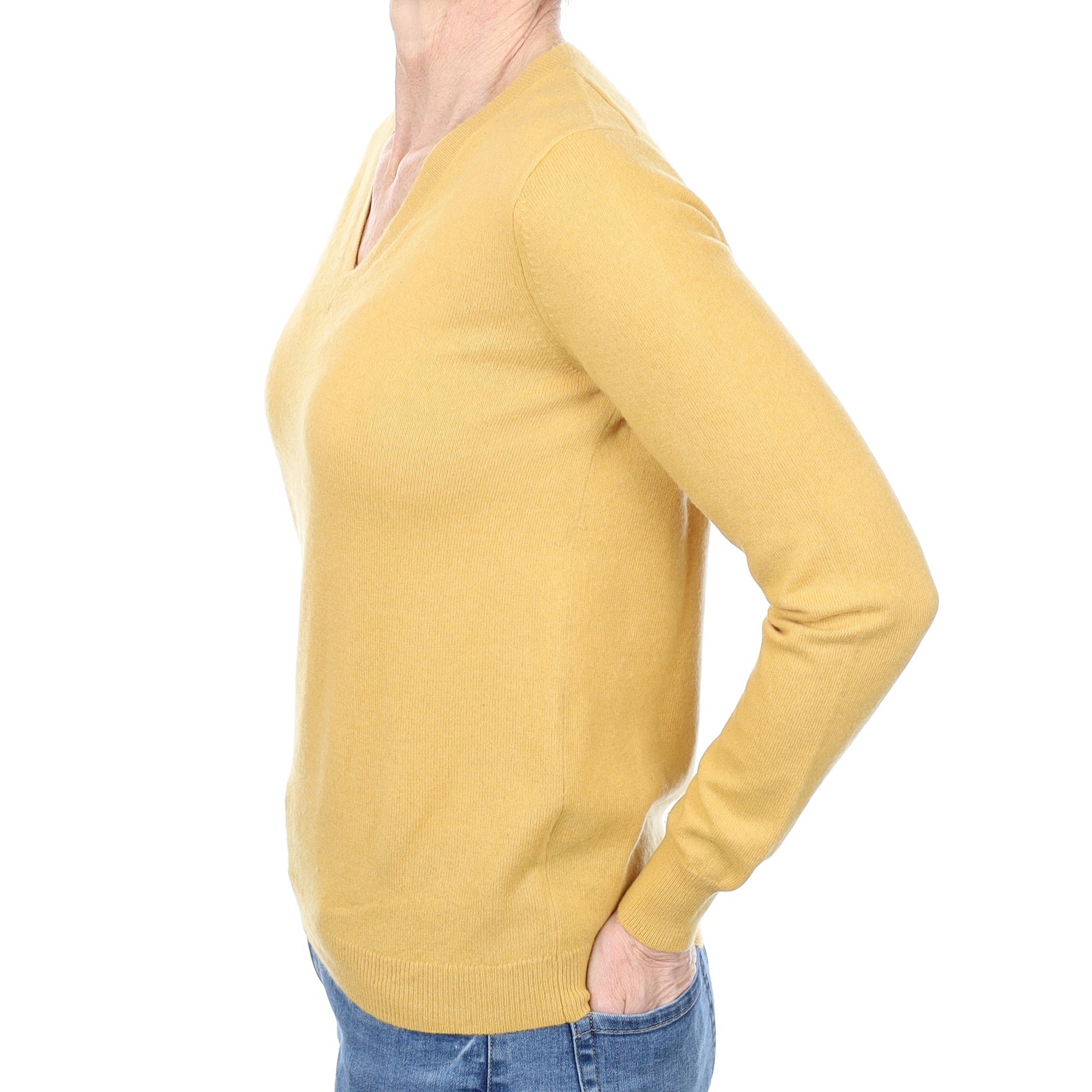 Flaxen Yellow Cashmere V Neck Jumper Small